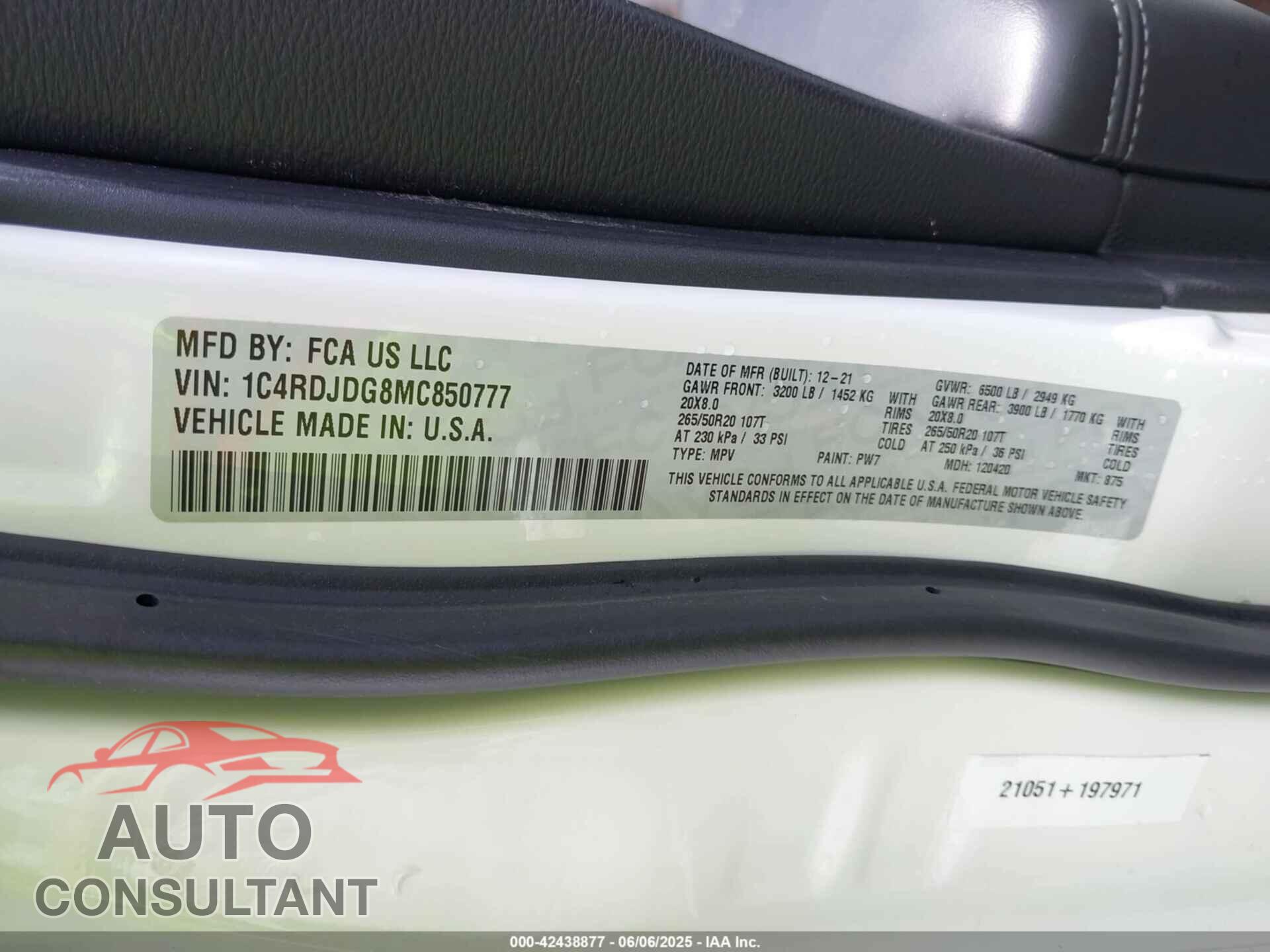 DODGE DURANGO 2021 - 1C4RDJDG8MC850777