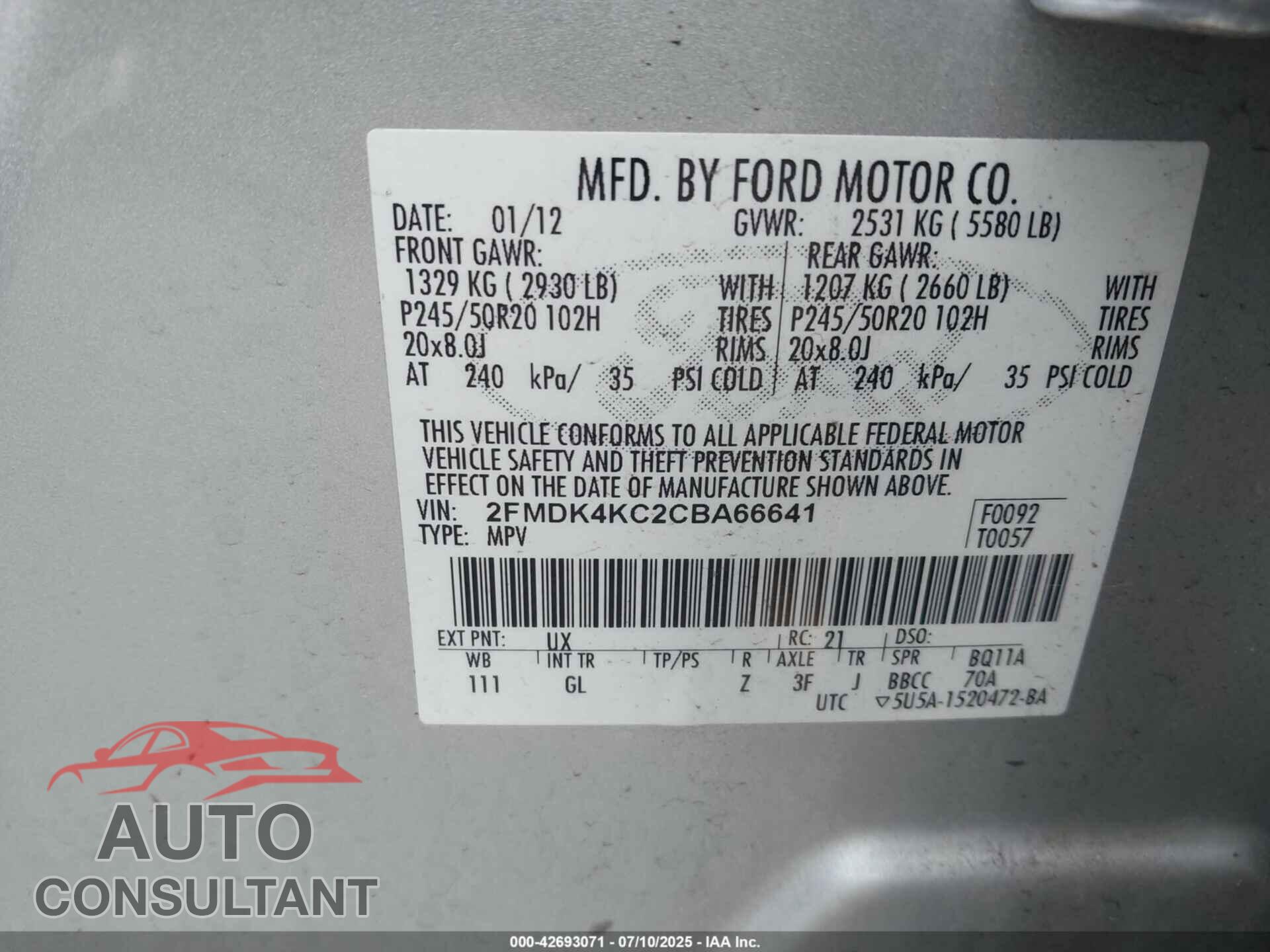 FORD EDGE 2012 - 2FMDK4KC2CBA66641