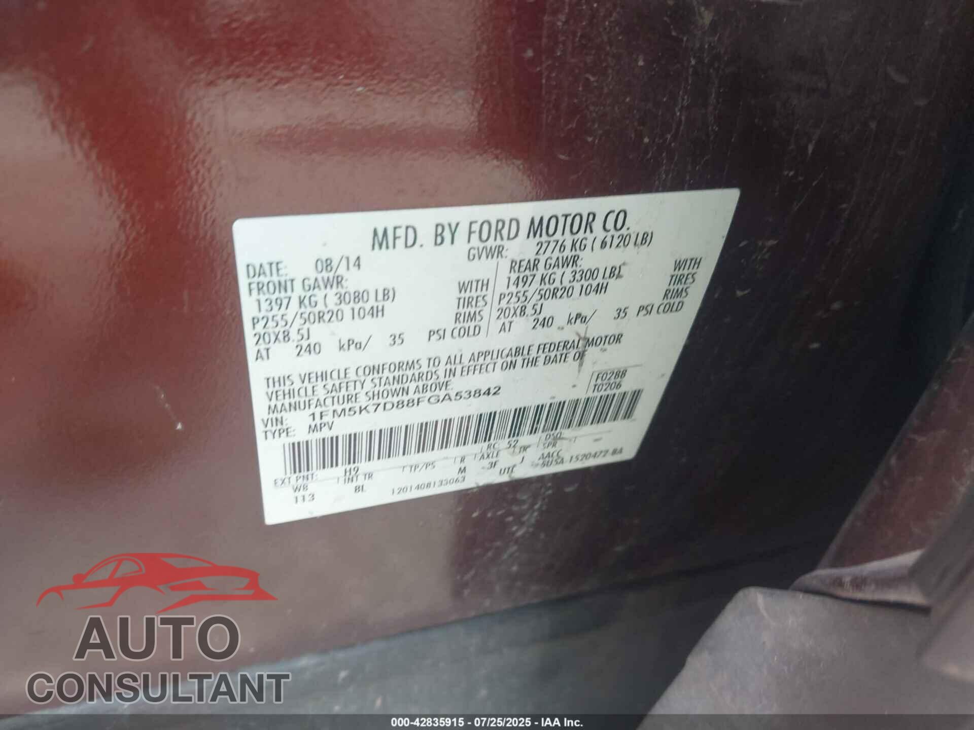 FORD EXPLORER 2015 - 1FM5K7D88FGA53842