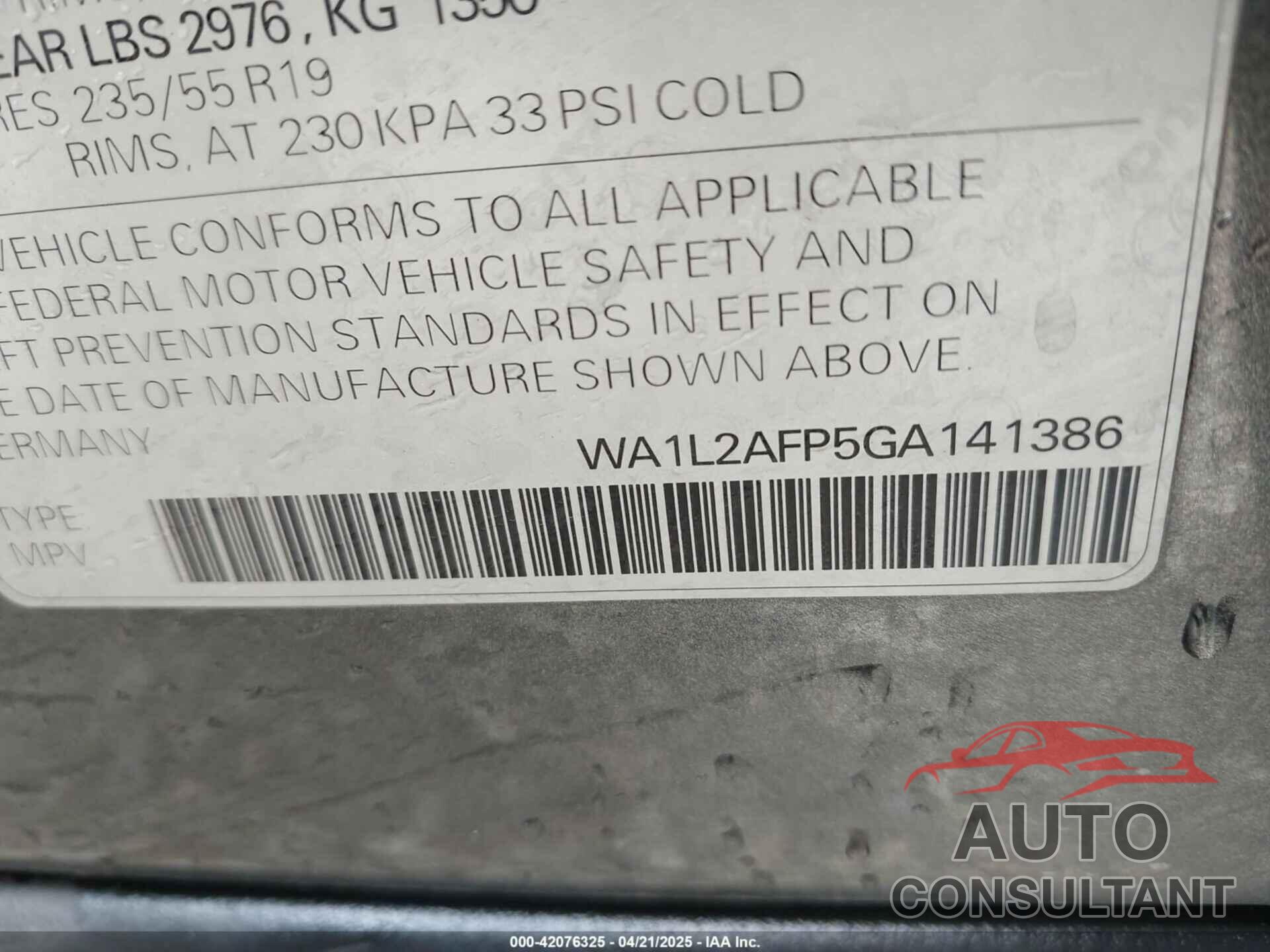 AUDI Q5 2016 - WA1L2AFP5GA141386