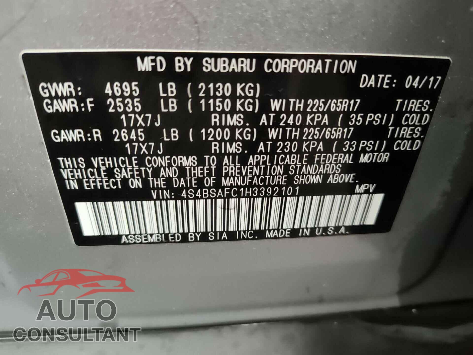 SUBARU OUTBACK 2017 - 4S4BSAFC1H3392101
