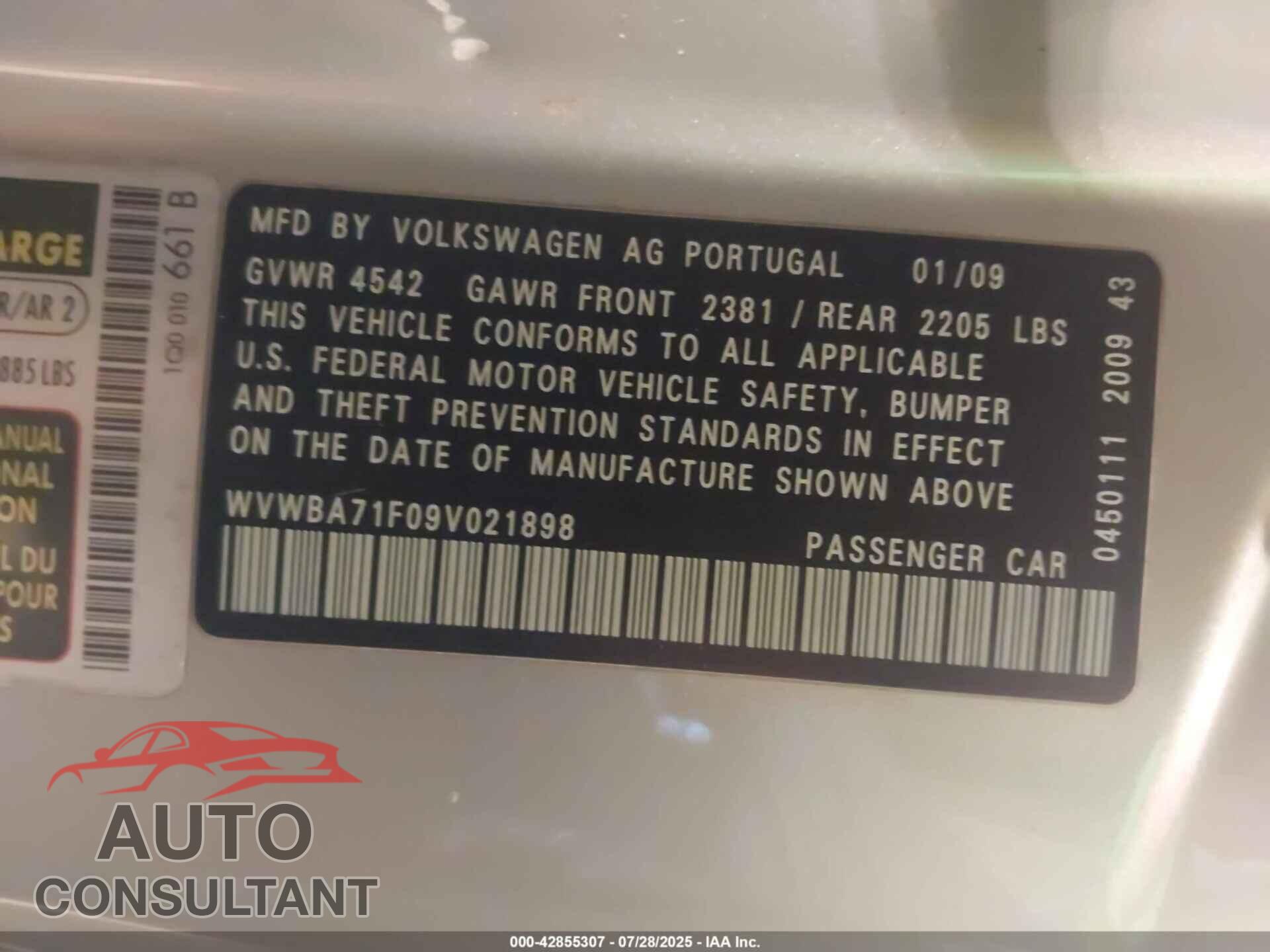 VOLKSWAGEN EOS 2009 - WVWBA71F09V021898