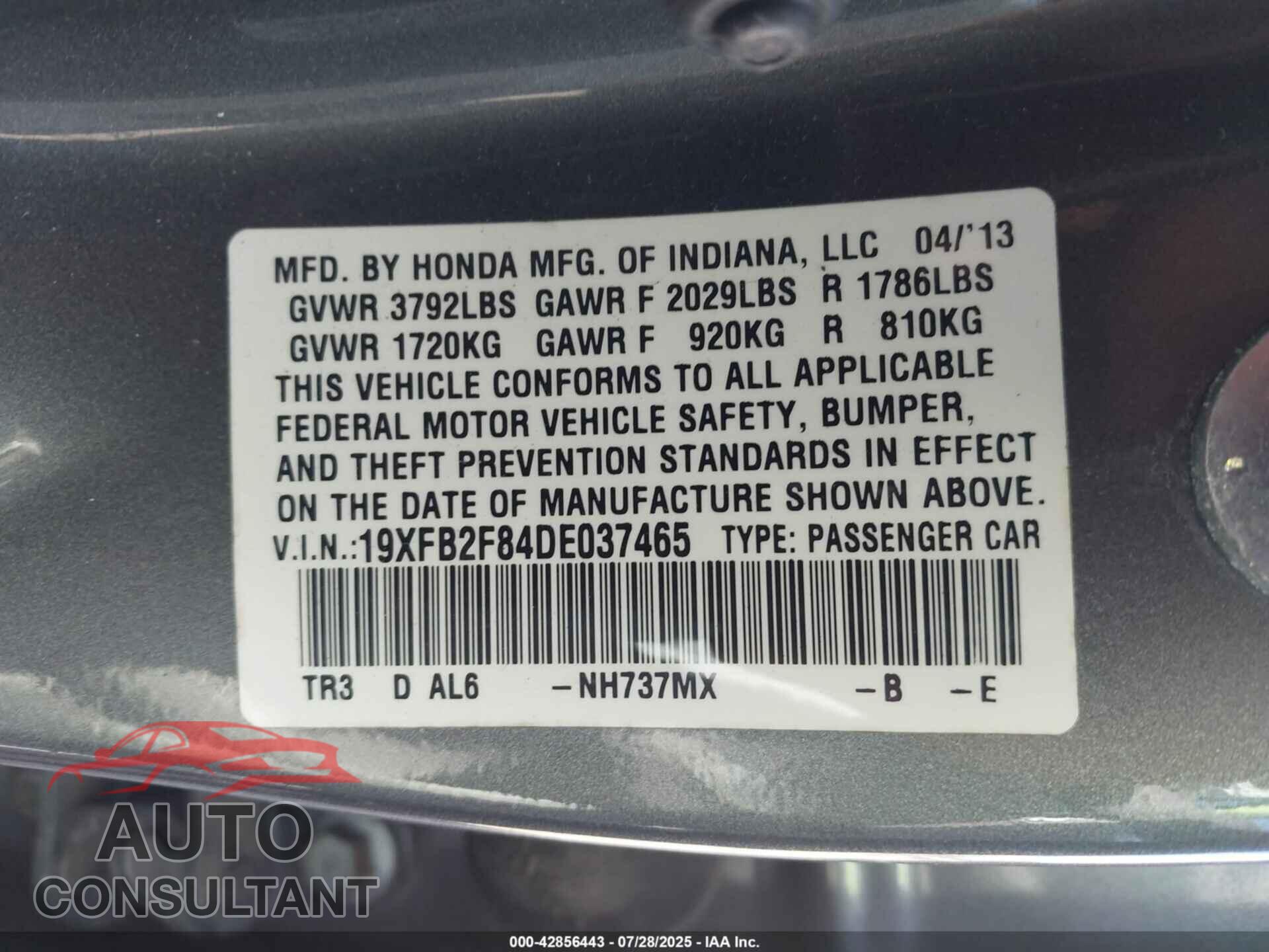 HONDA CIVIC 2013 - 19XFB2F84DE037465