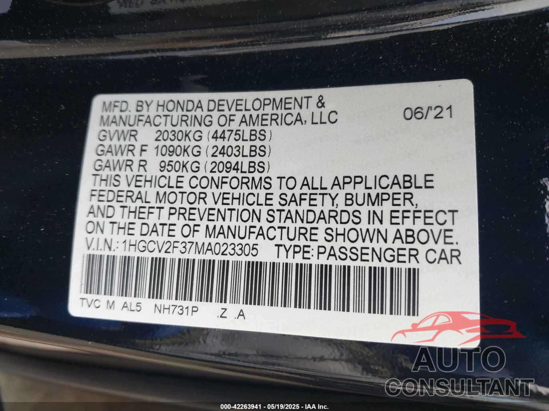 HONDA ACCORD 2021 - 1HGCV2F37MA023305