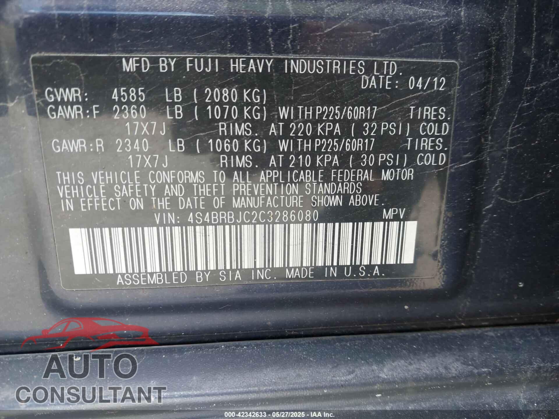 SUBARU OUTBACK 2012 - 4S4BRBJC2C3286080