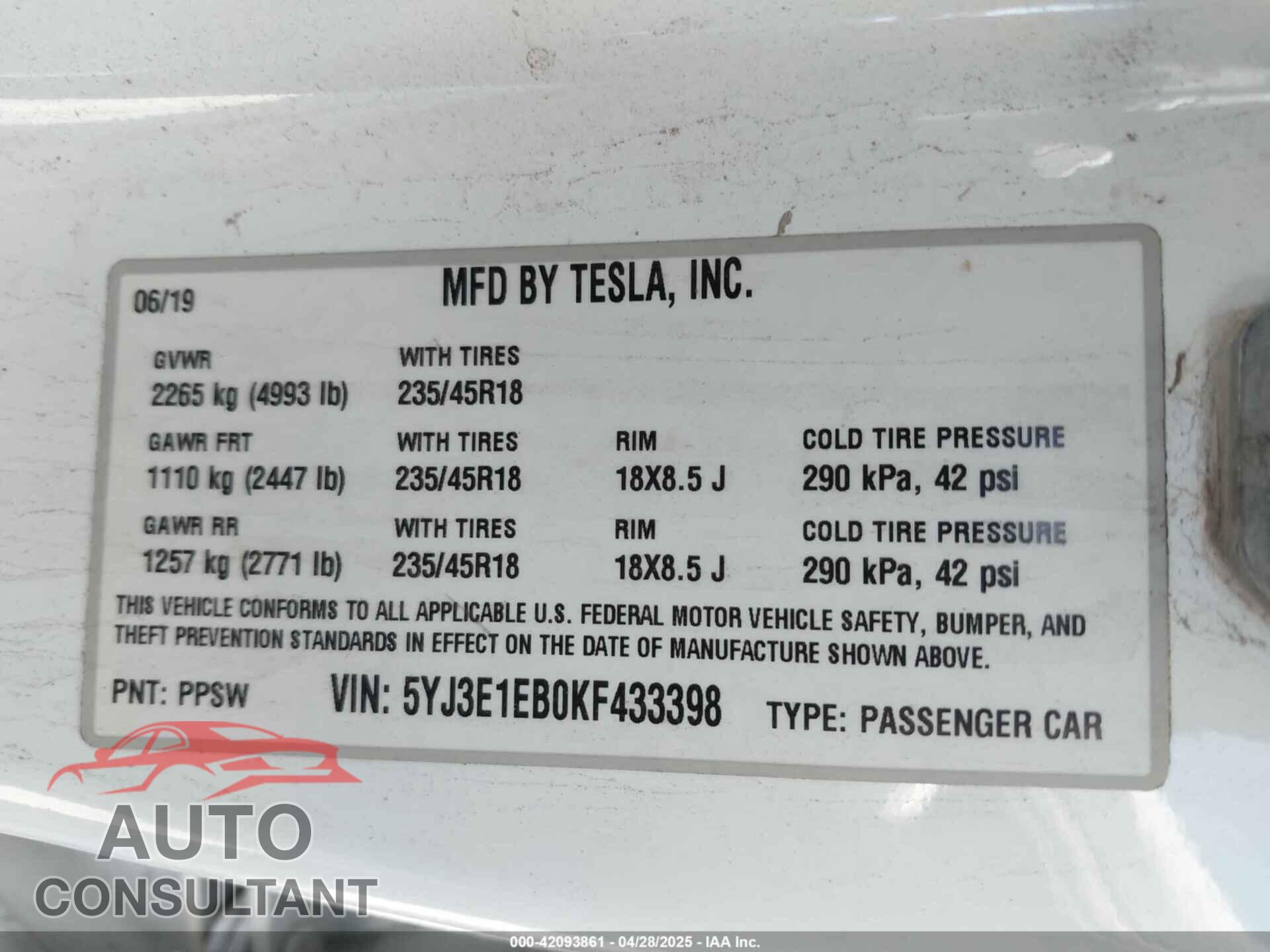 TESLA MODEL 3 2019 - 5YJ3E1EB0KF433398