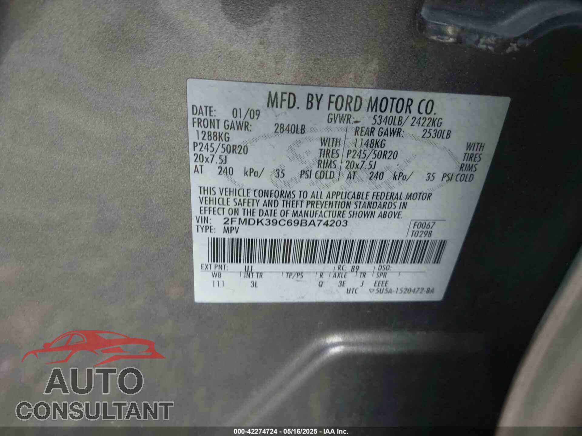 FORD EDGE 2009 - 2FMDK39C69BA74203