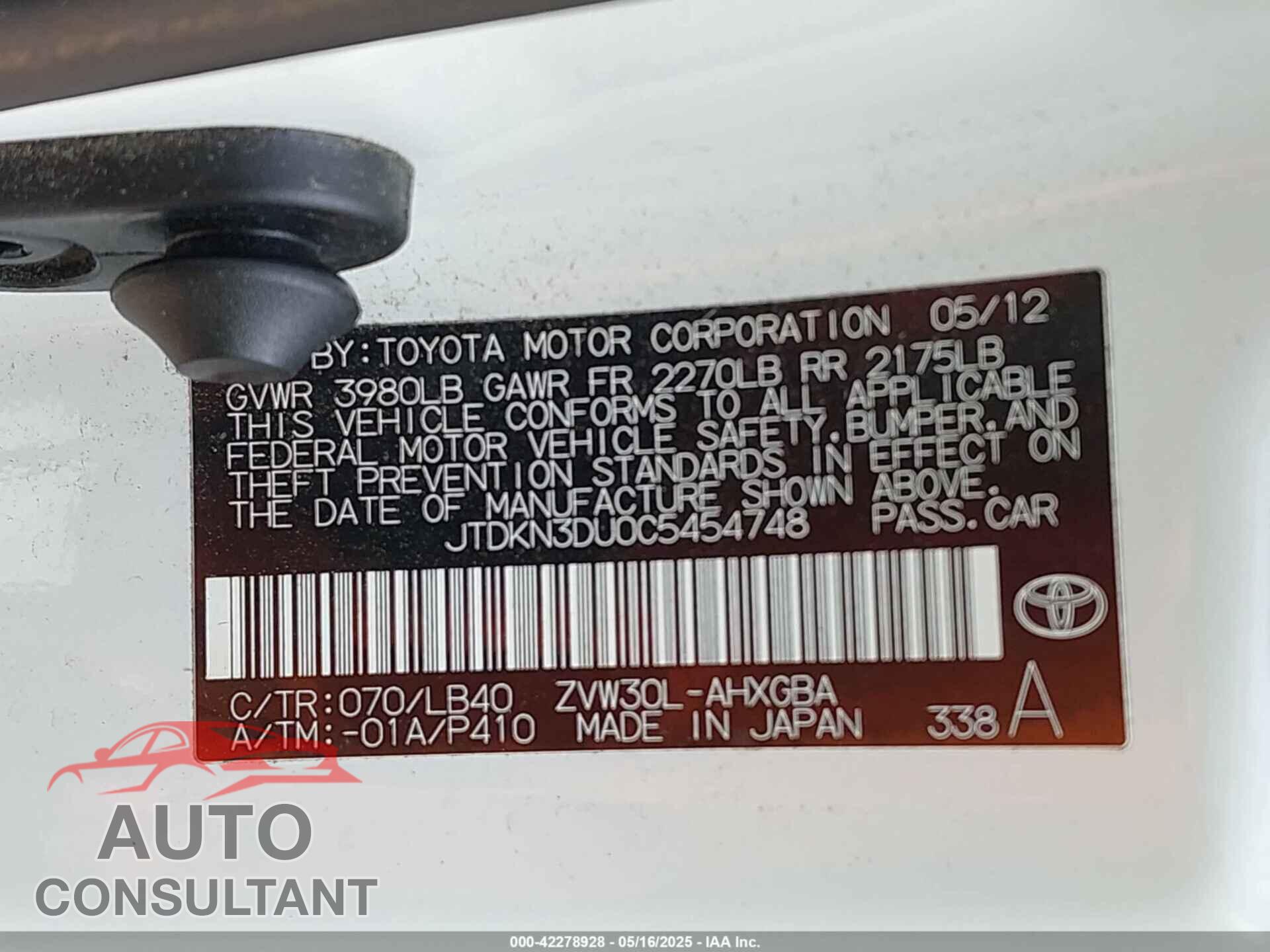 TOYOTA PRIUS 2012 - JTDKN3DU0C5454748