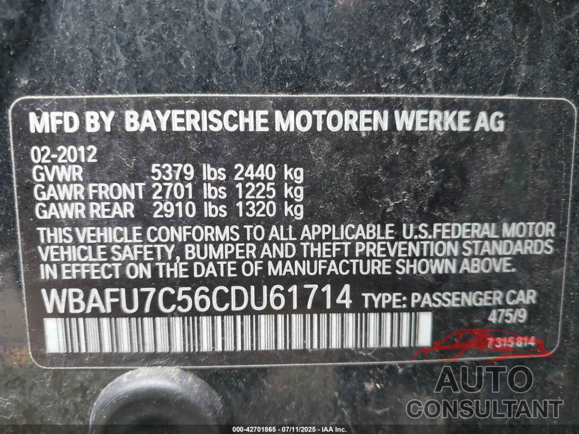 BMW 535I 2012 - WBAFU7C56CDU61714
