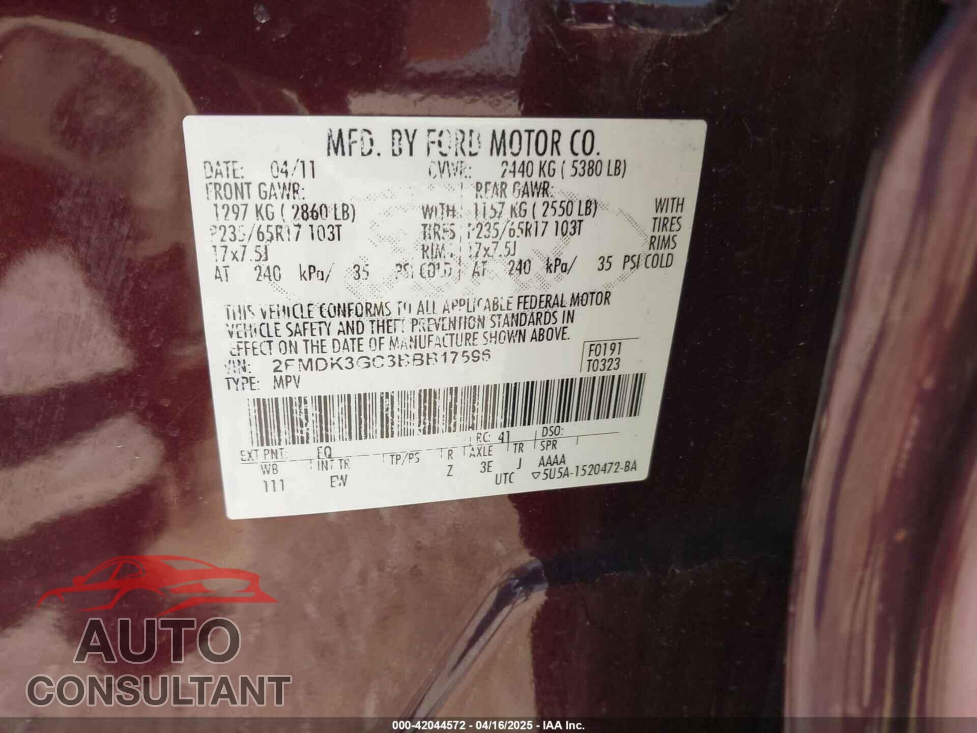 FORD EDGE 2011 - 2FMDK3GC3BBB17596
