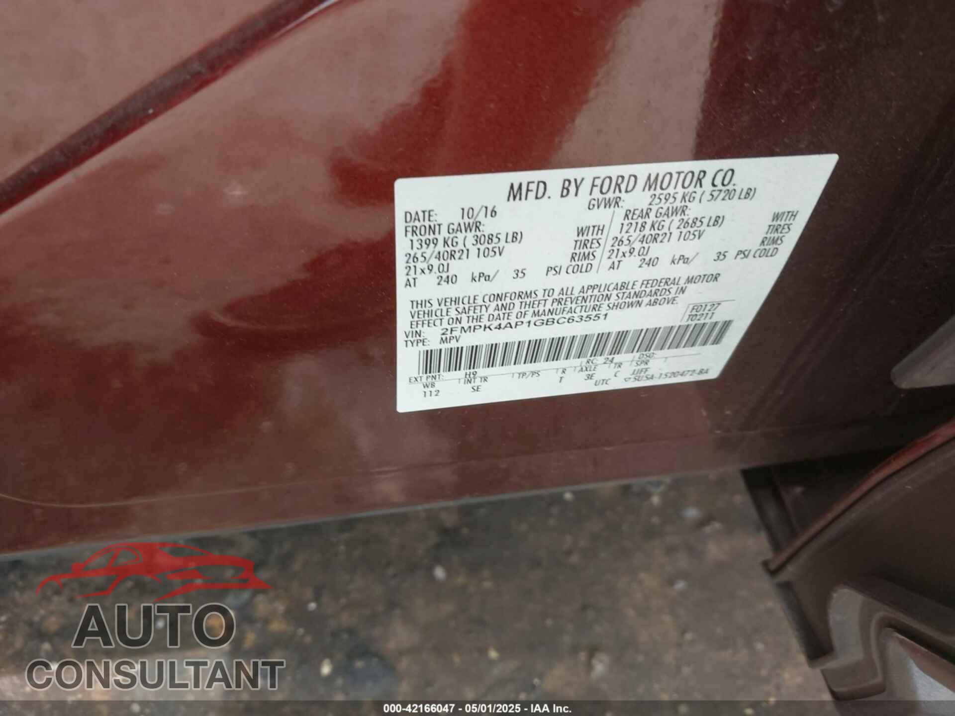FORD EDGE 2016 - 2FMPK4AP1GBC63551