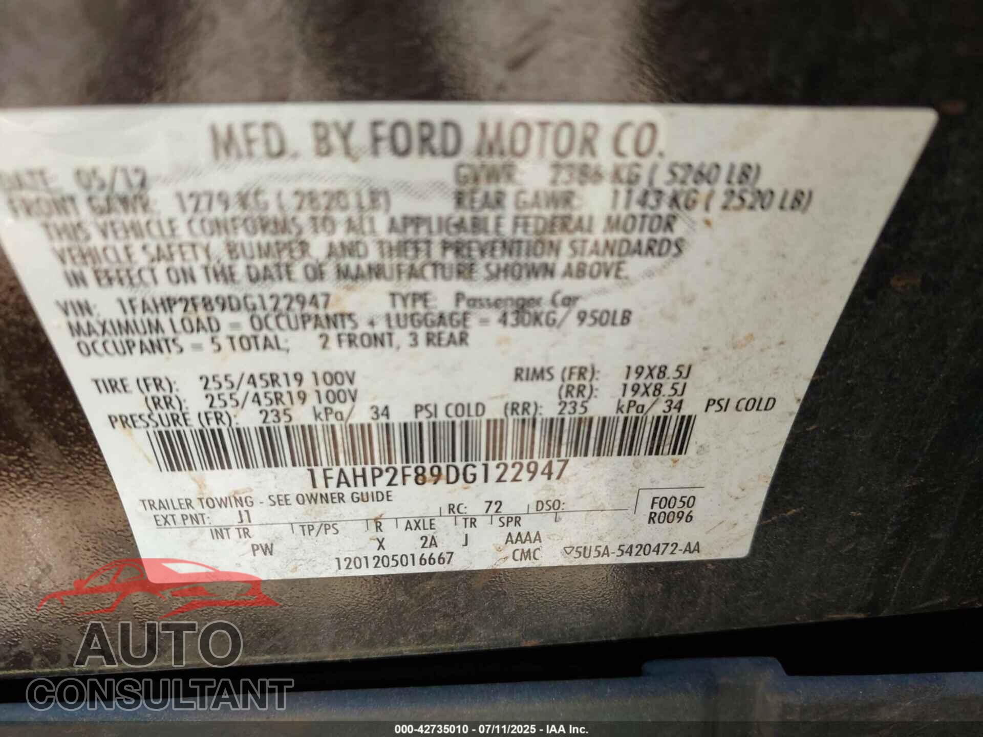 FORD TAURUS 2013 - 1FAHP2F89DG122947
