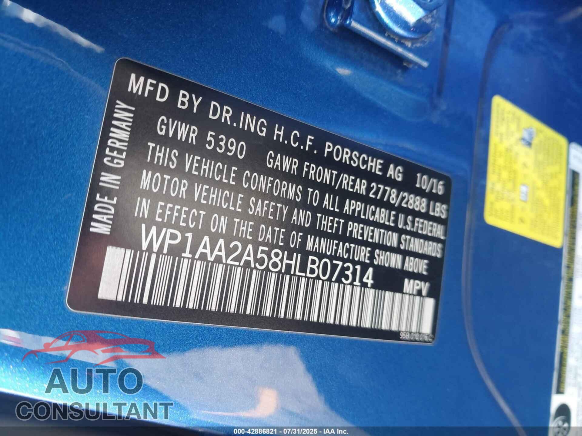 PORSCHE MACAN 2017 - WP1AA2A58HLB07314