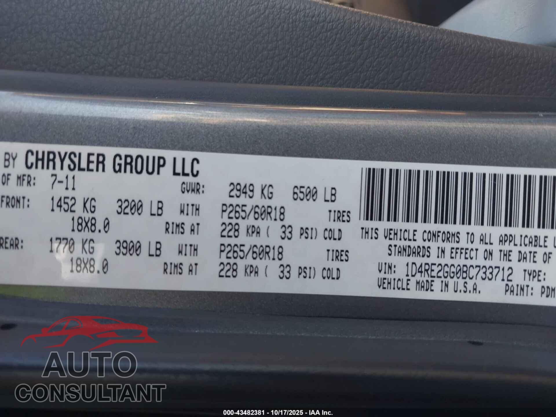DODGE DURANGO 2011 - 1D4RE2GG0BC733712