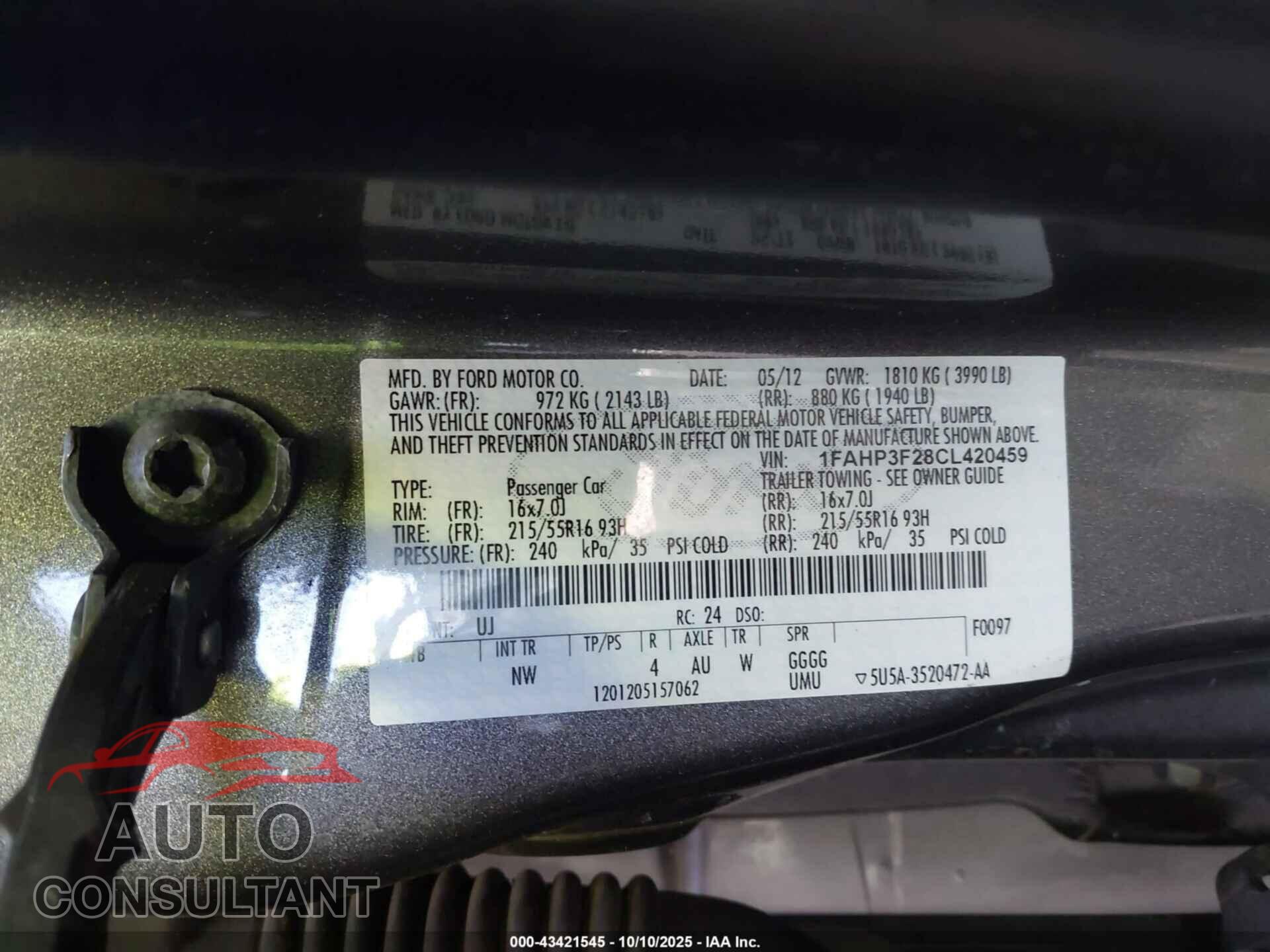 FORD FOCUS 2012 - 1FAHP3F28CL420459