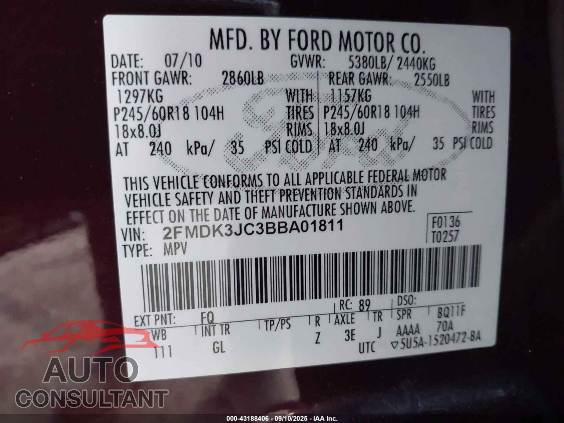 FORD EDGE 2011 - 2FMDK3JC3BBA01811