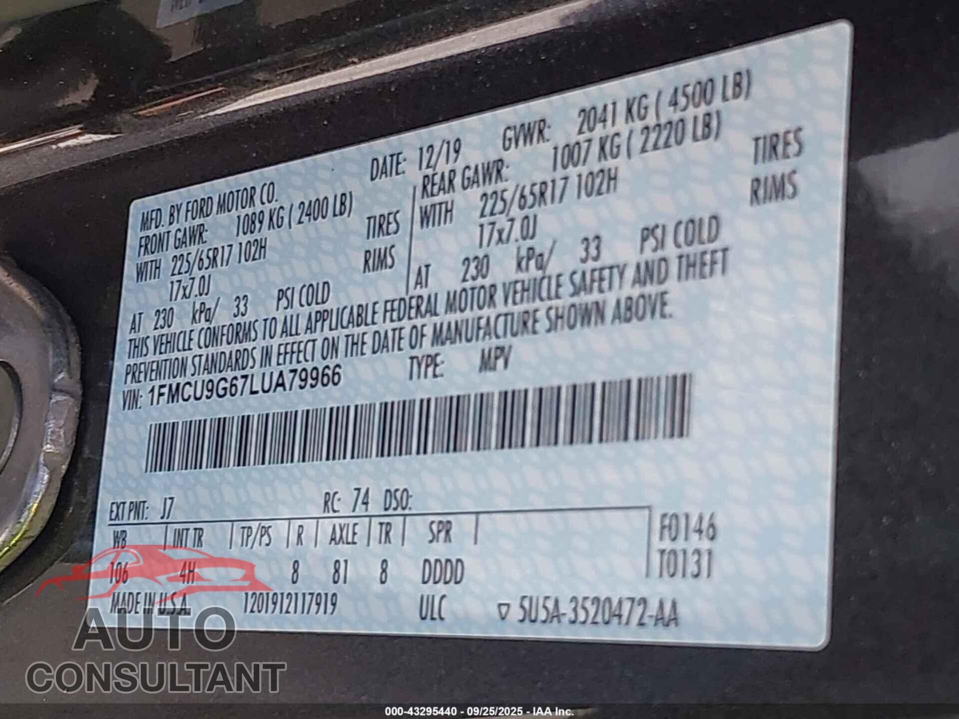 FORD ESCAPE 2020 - 1FMCU9G67LUA79966