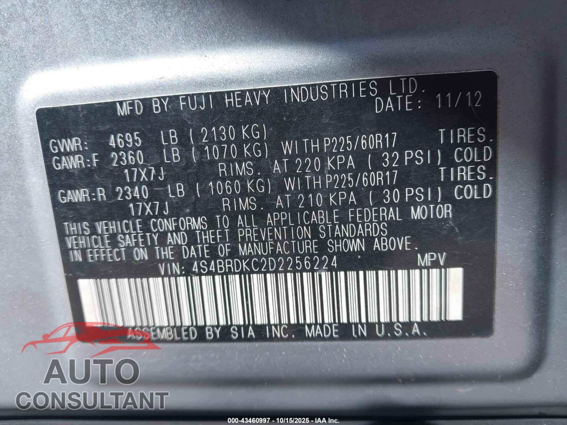 SUBARU OUTBACK 2013 - 4S4BRDKC2D2256224