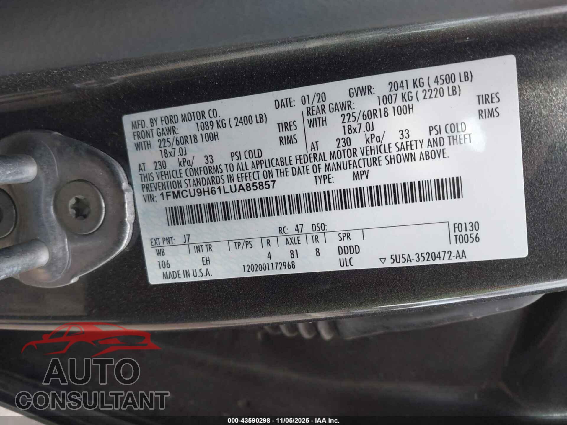 FORD ESCAPE 2020 - 1FMCU9H61LUA85857
