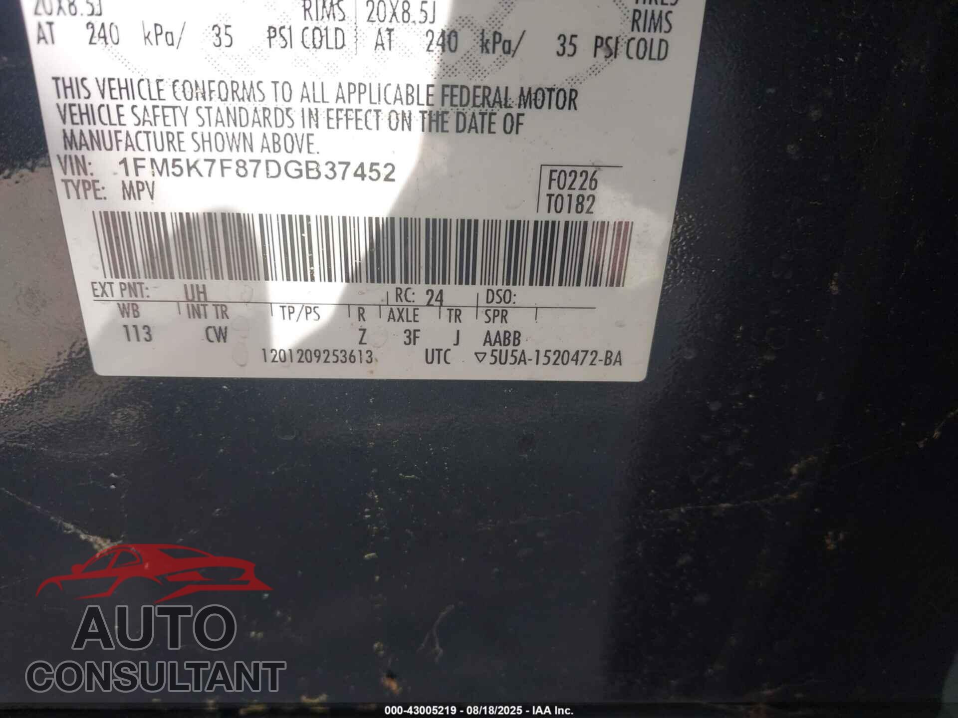 FORD EXPLORER 2013 - 1FM5K7F87DGB37452