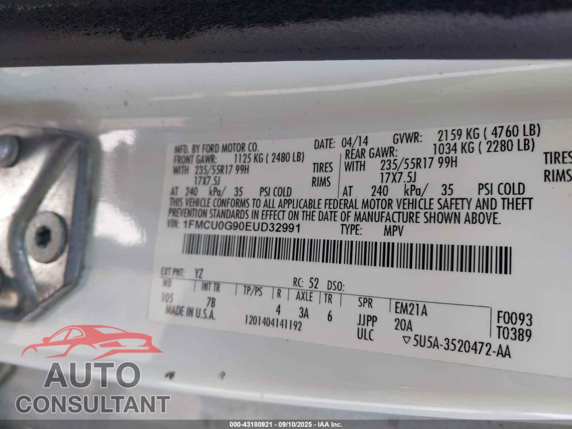 FORD ESCAPE 2014 - 1FMCU0G90EUD32991