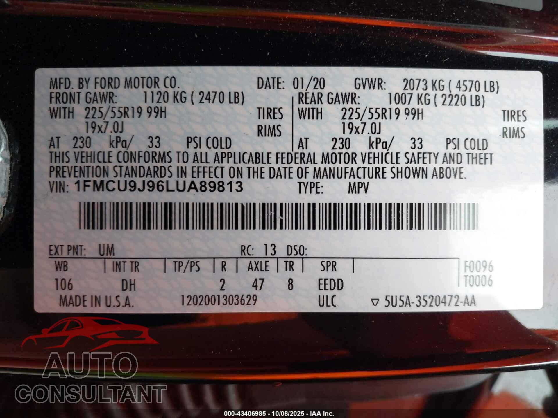 FORD ESCAPE 2020 - 1FMCU9J96LUA89813