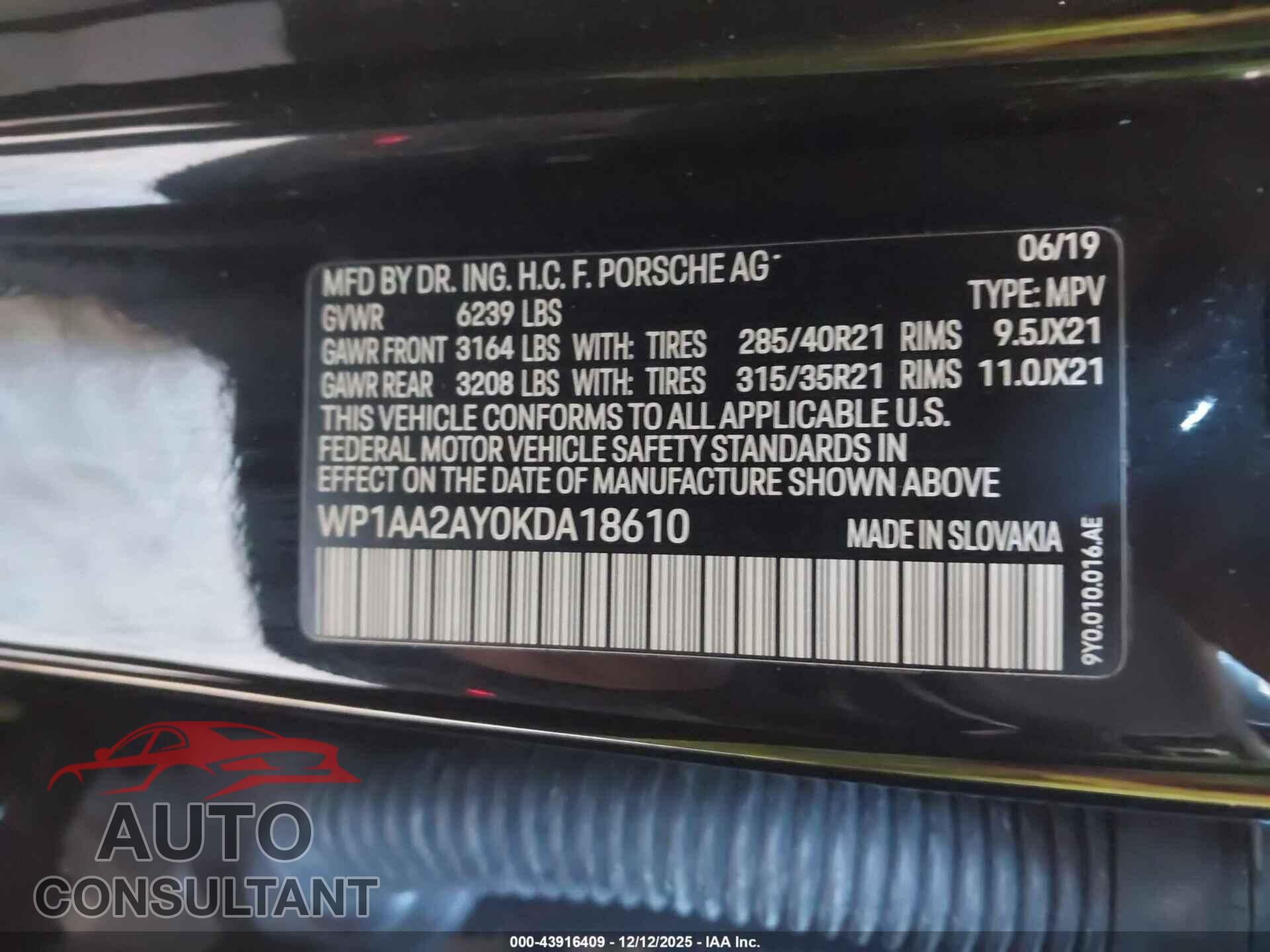 PORSCHE CAYENNE 2019 - WP1AA2AY0KDA18610