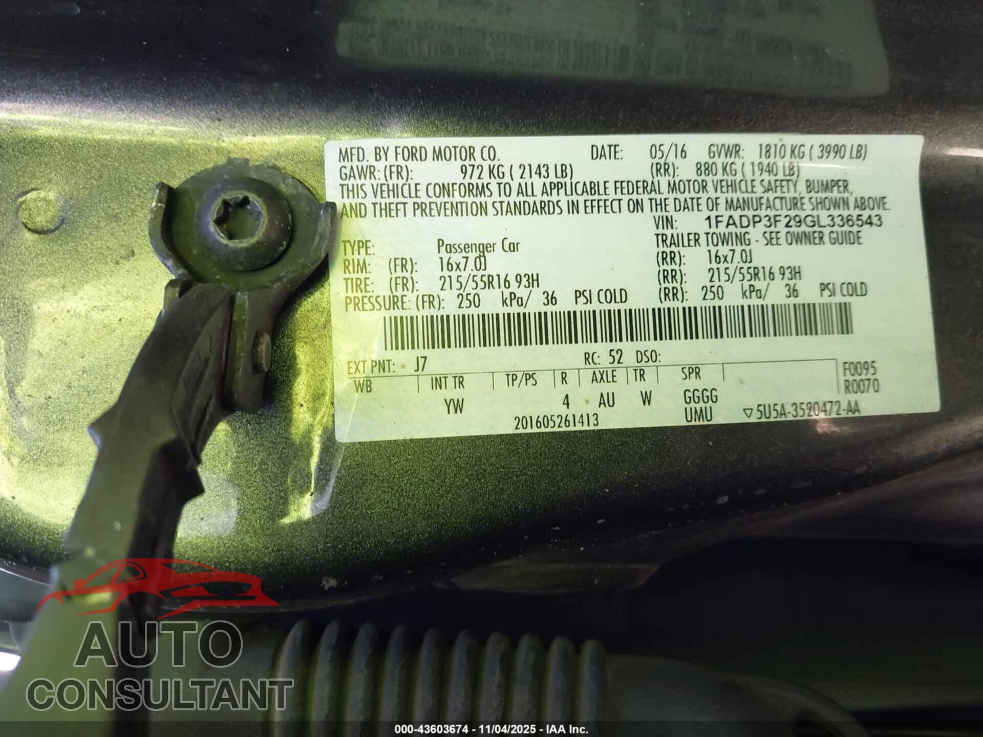 FORD FOCUS 2016 - 1FADP3F29GL336543