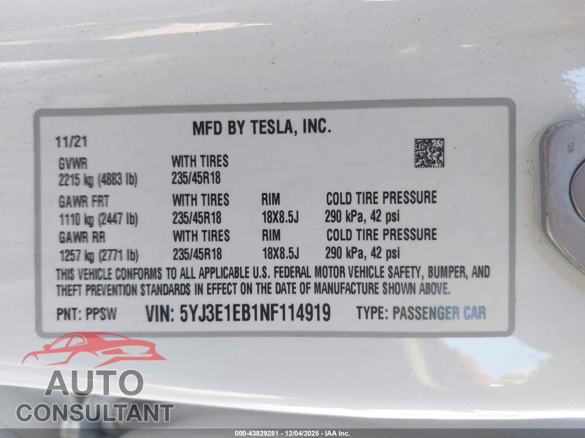TESLA MODEL 3 2022 - 5YJ3E1EB1NF114919