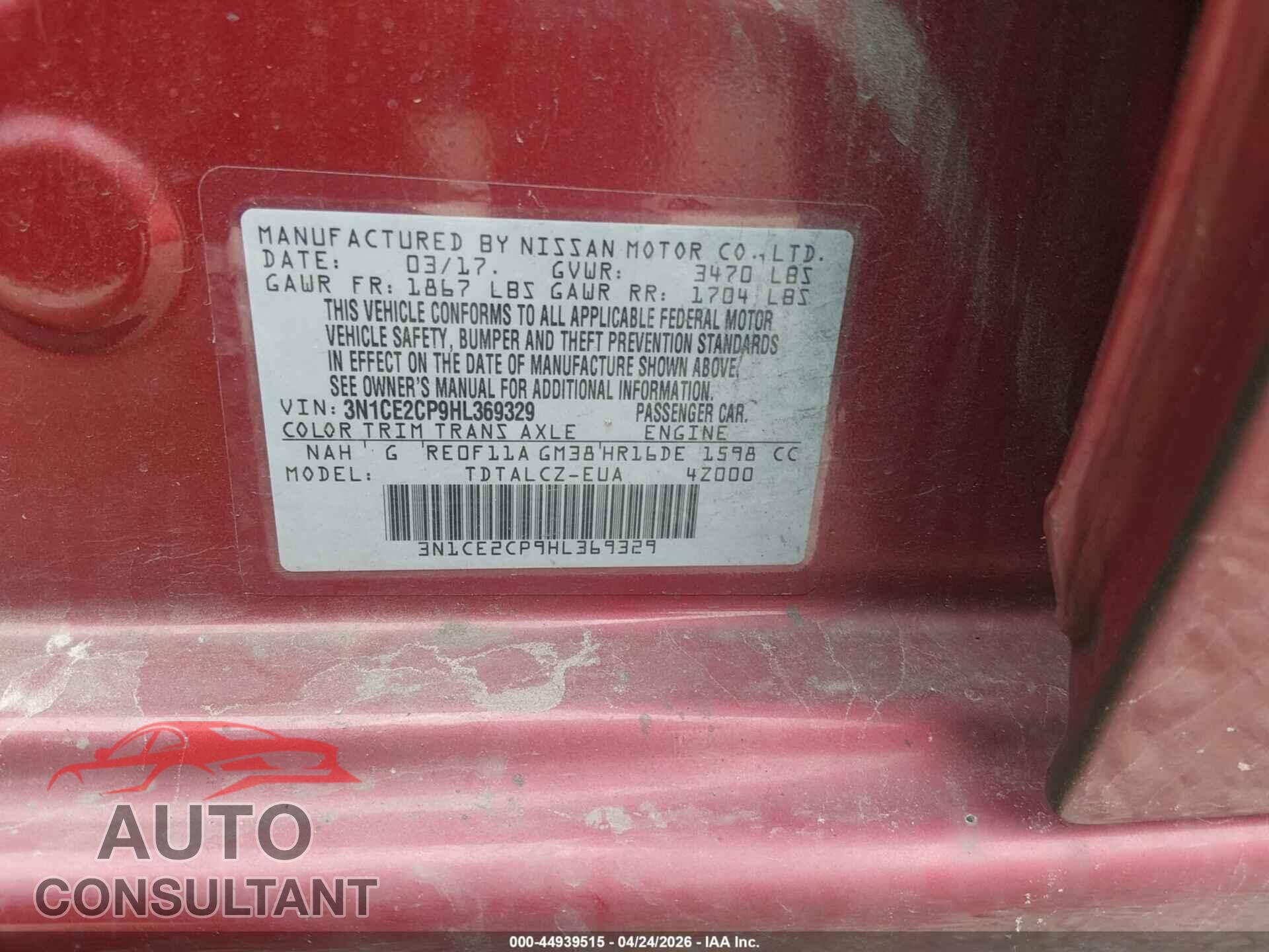 NISSAN VERSA NOTE 2017 - 3N1CE2CP9HL369329