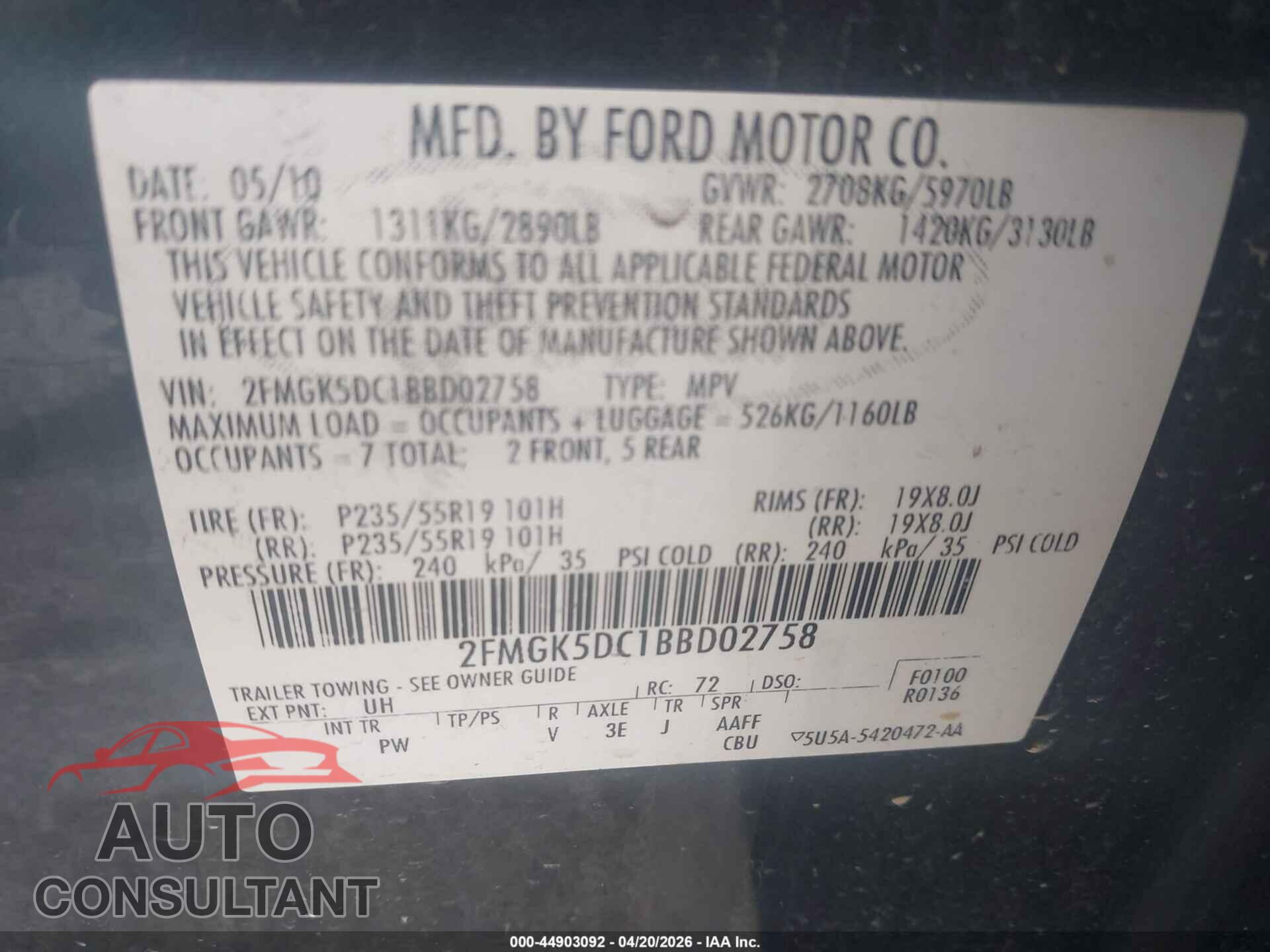 FORD FLEX 2011 - 2FMGK5DC1BBD02758