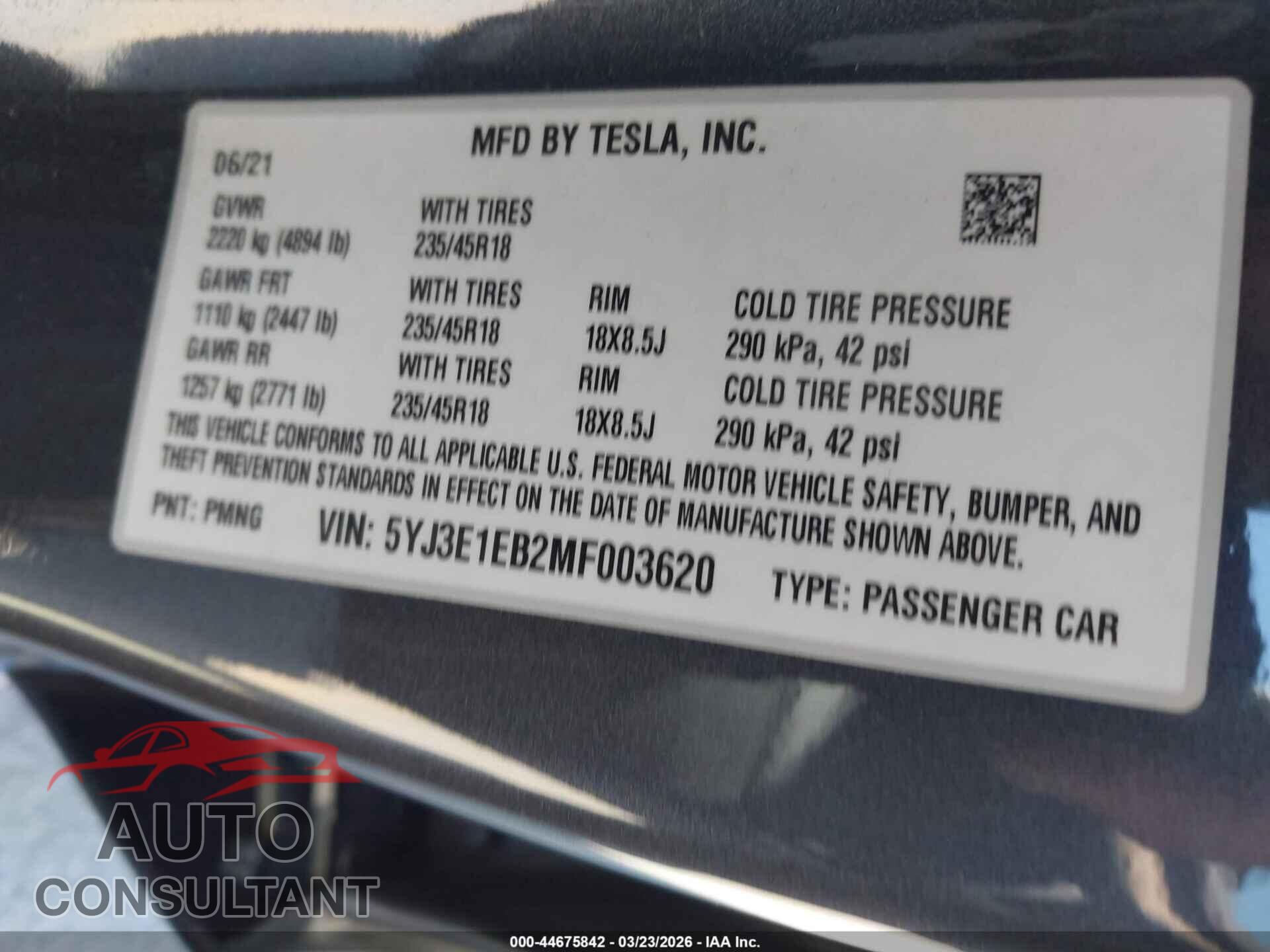TESLA MODEL 3 2021 - 5YJ3E1EB2MF003620