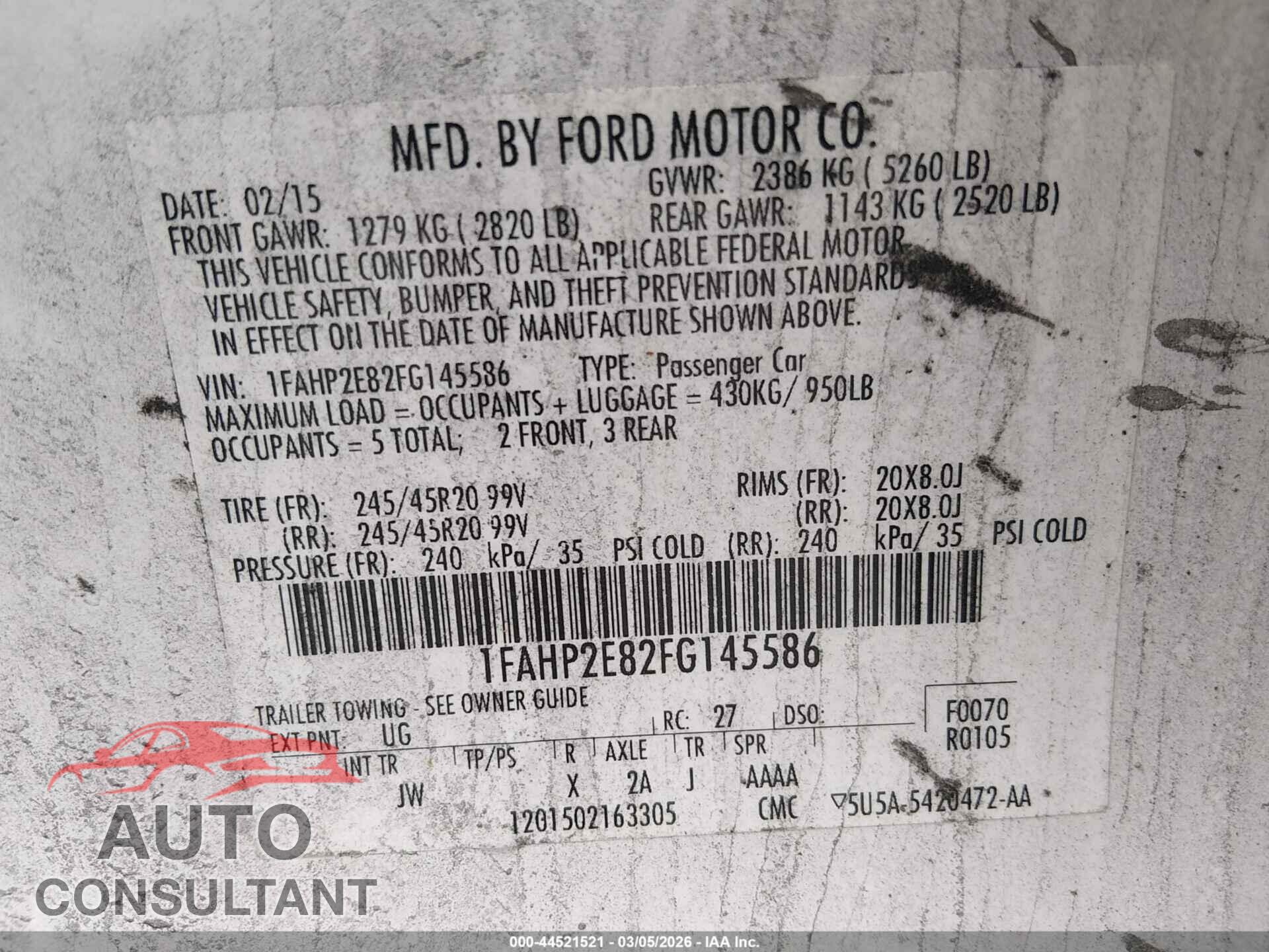 FORD TAURUS 2015 - 1FAHP2E82FG145586