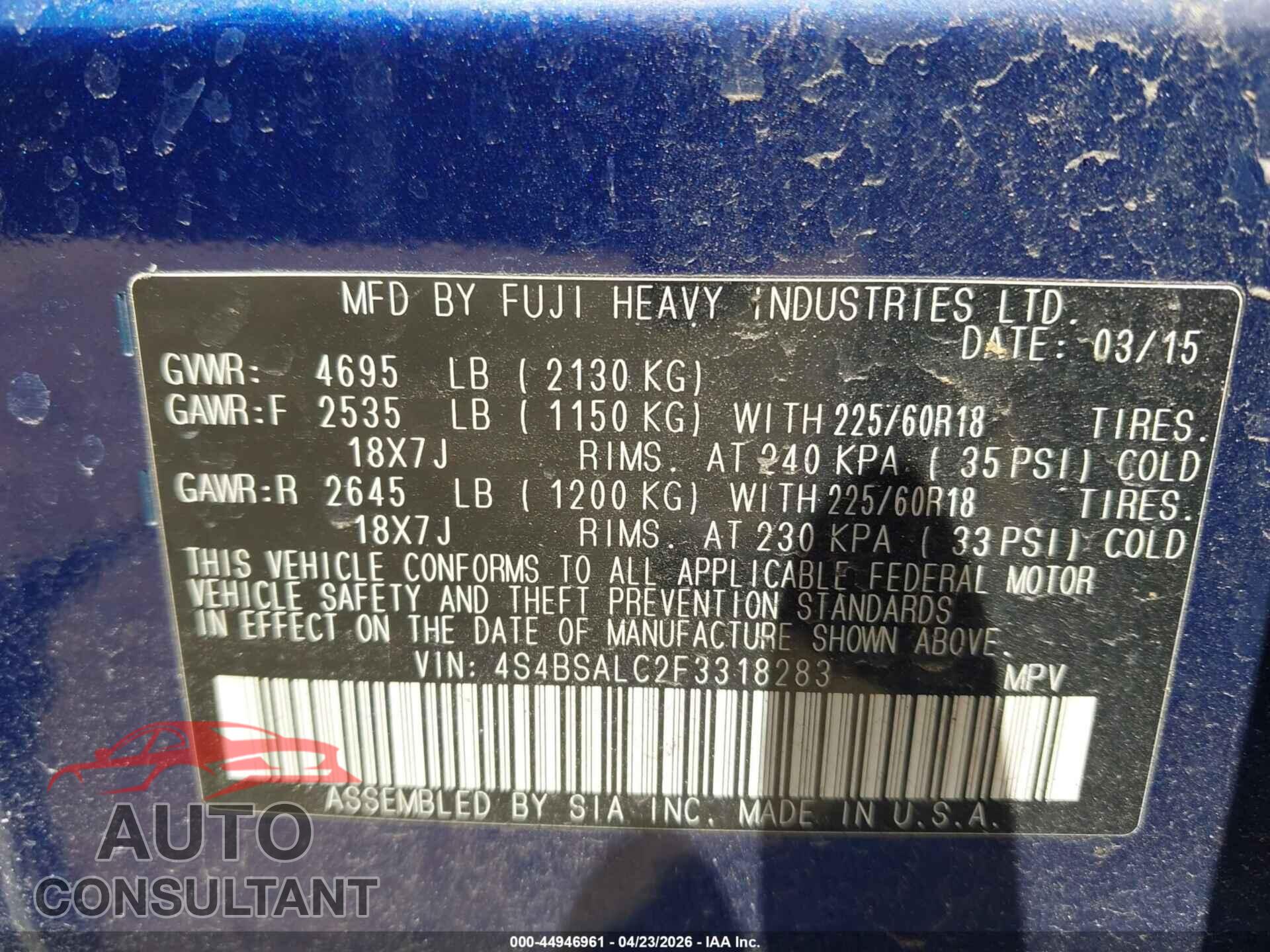 SUBARU OUTBACK 2015 - 4S4BSALC2F3318283