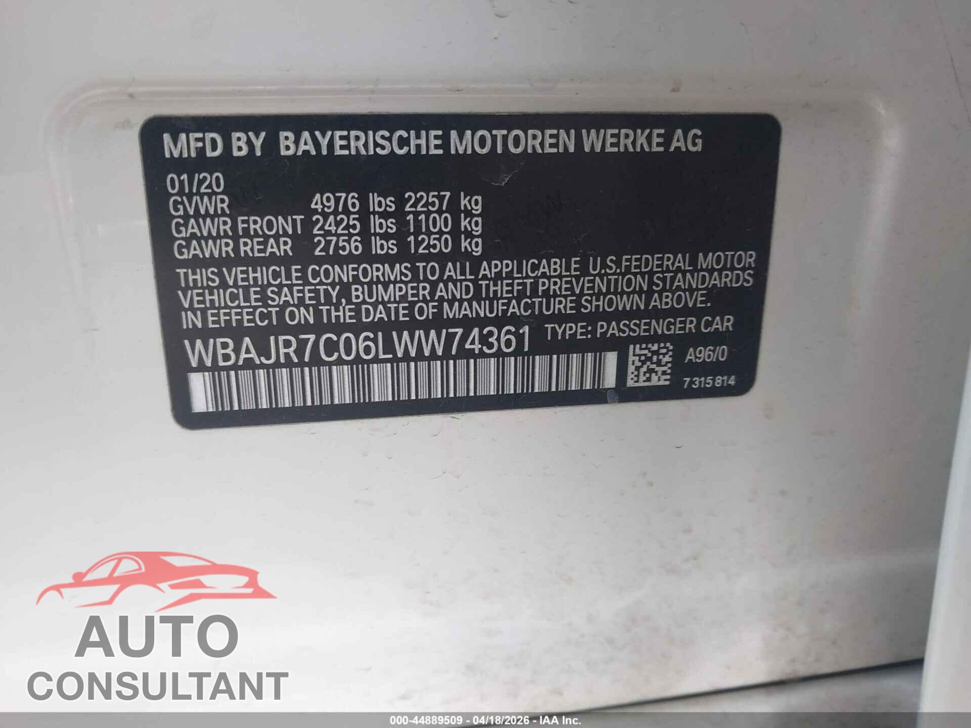BMW 530I 2020 - WBAJR7C06LWW74361