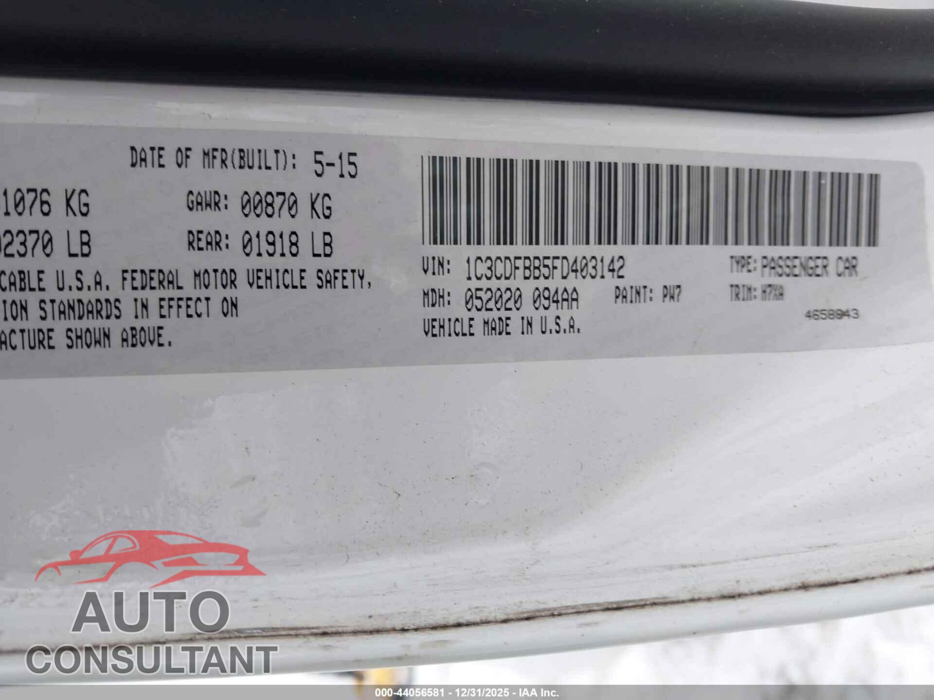 DODGE DART 2015 - 1C3CDFBB5FD403142