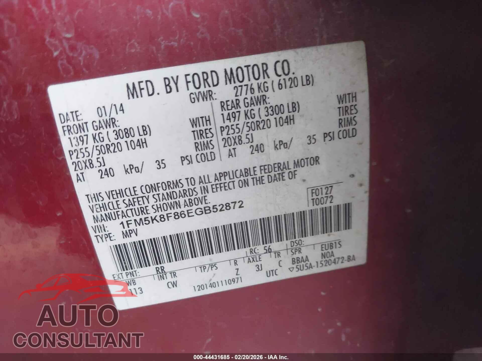 FORD EXPLORER 2014 - 1FM5K8F86EGB52872