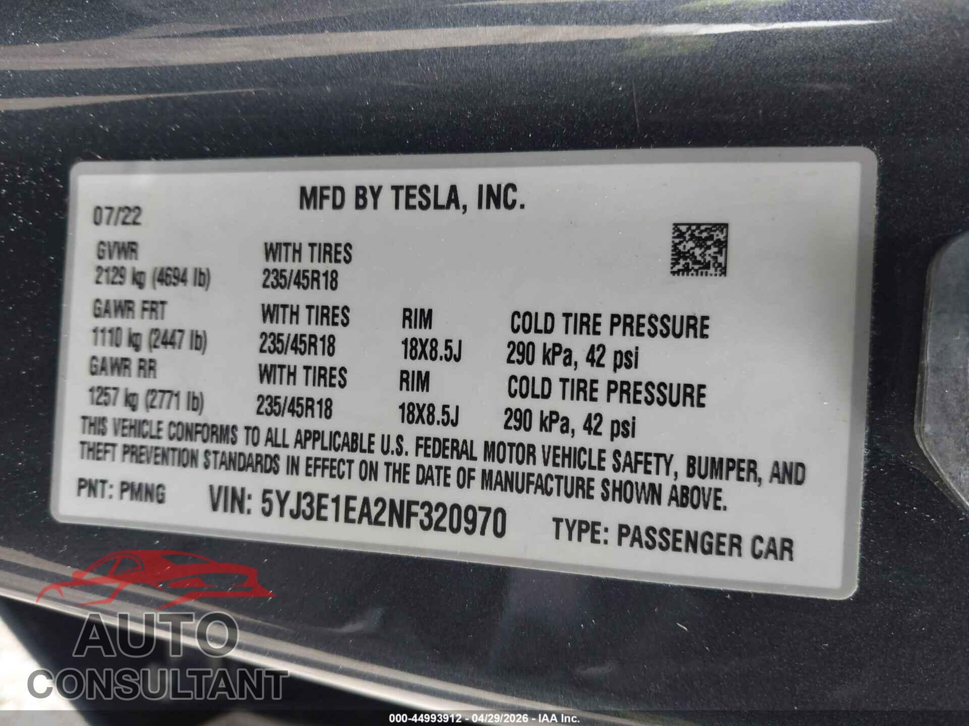 TESLA MODEL 3 2022 - 5YJ3E1EA2NF320970