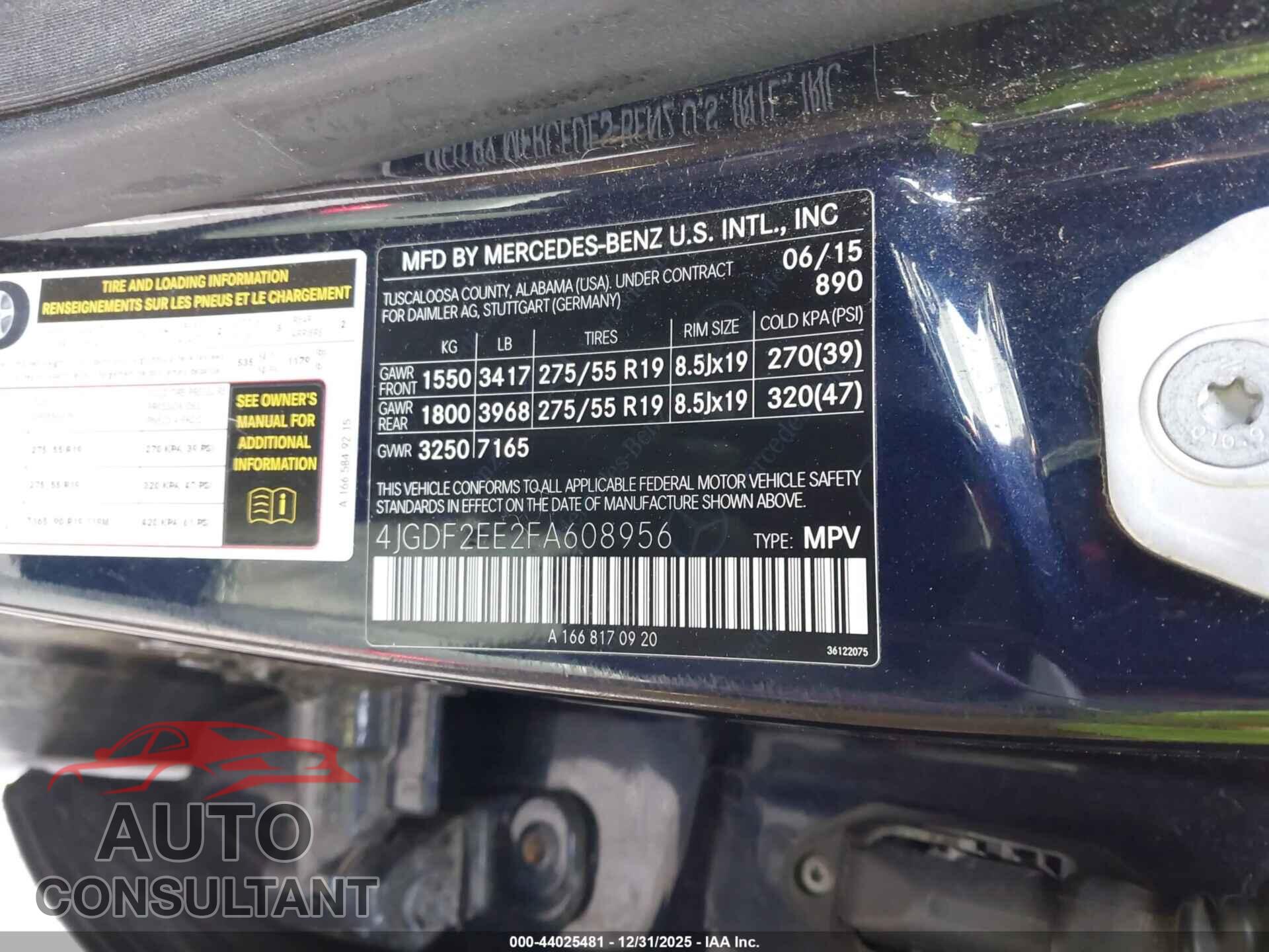 MERCEDES-BENZ GL 350 BLUETEC 2015 - 4JGDF2EE2FA608956