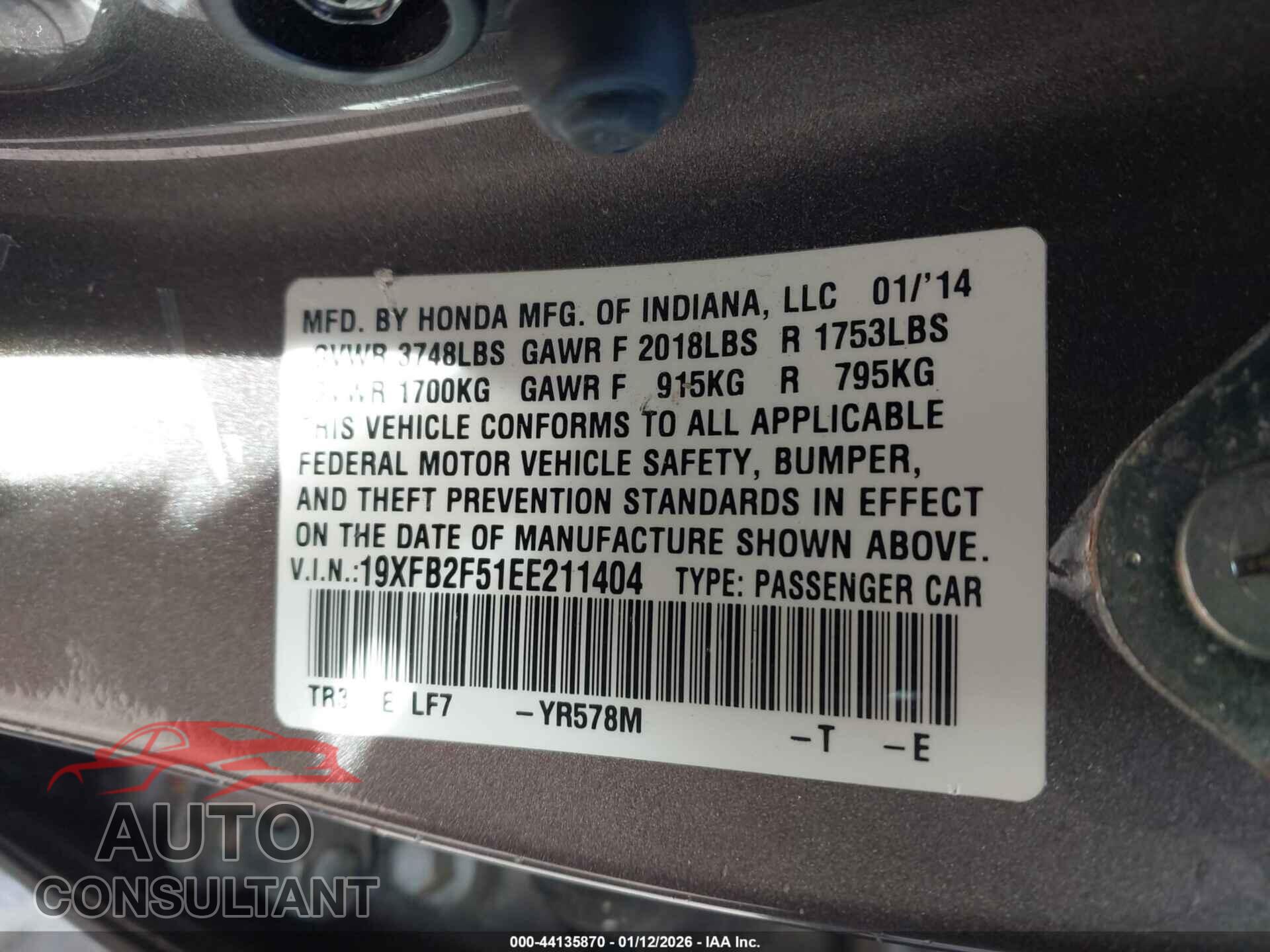 HONDA CIVIC 2014 - 19XFB2F51EE211404