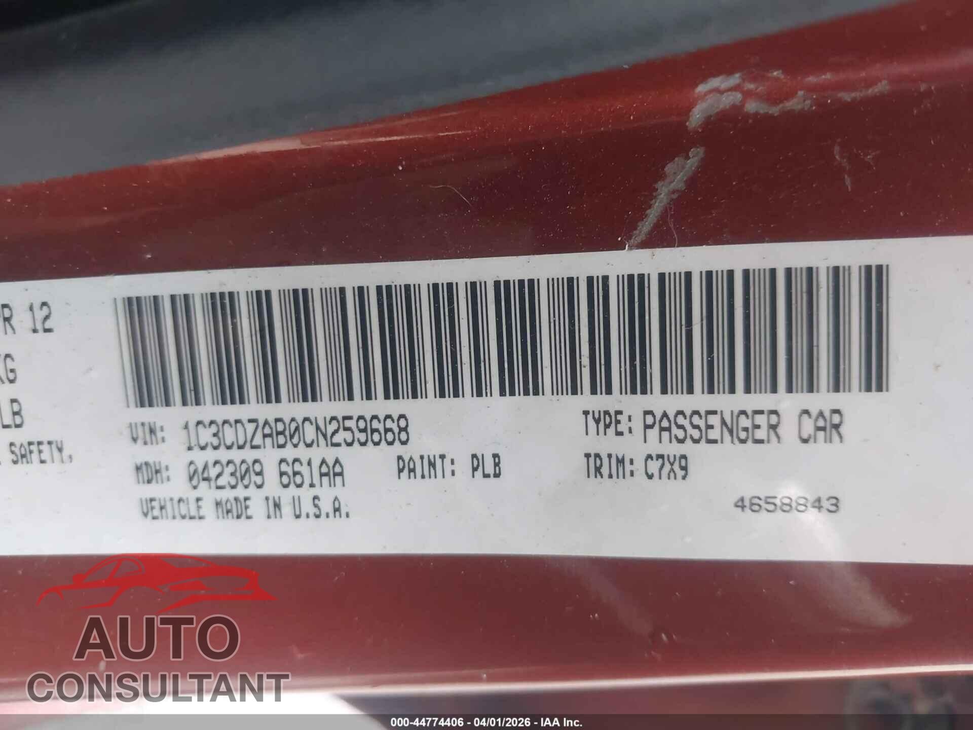 DODGE AVENGER 2012 - 1C3CDZAB0CN259668