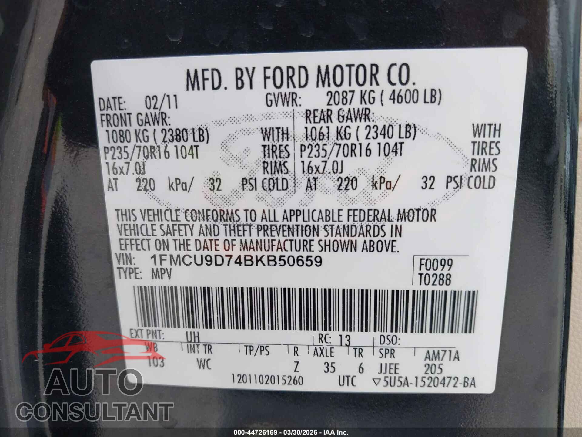 FORD ESCAPE 2011 - 1FMCU9D74BKB50659