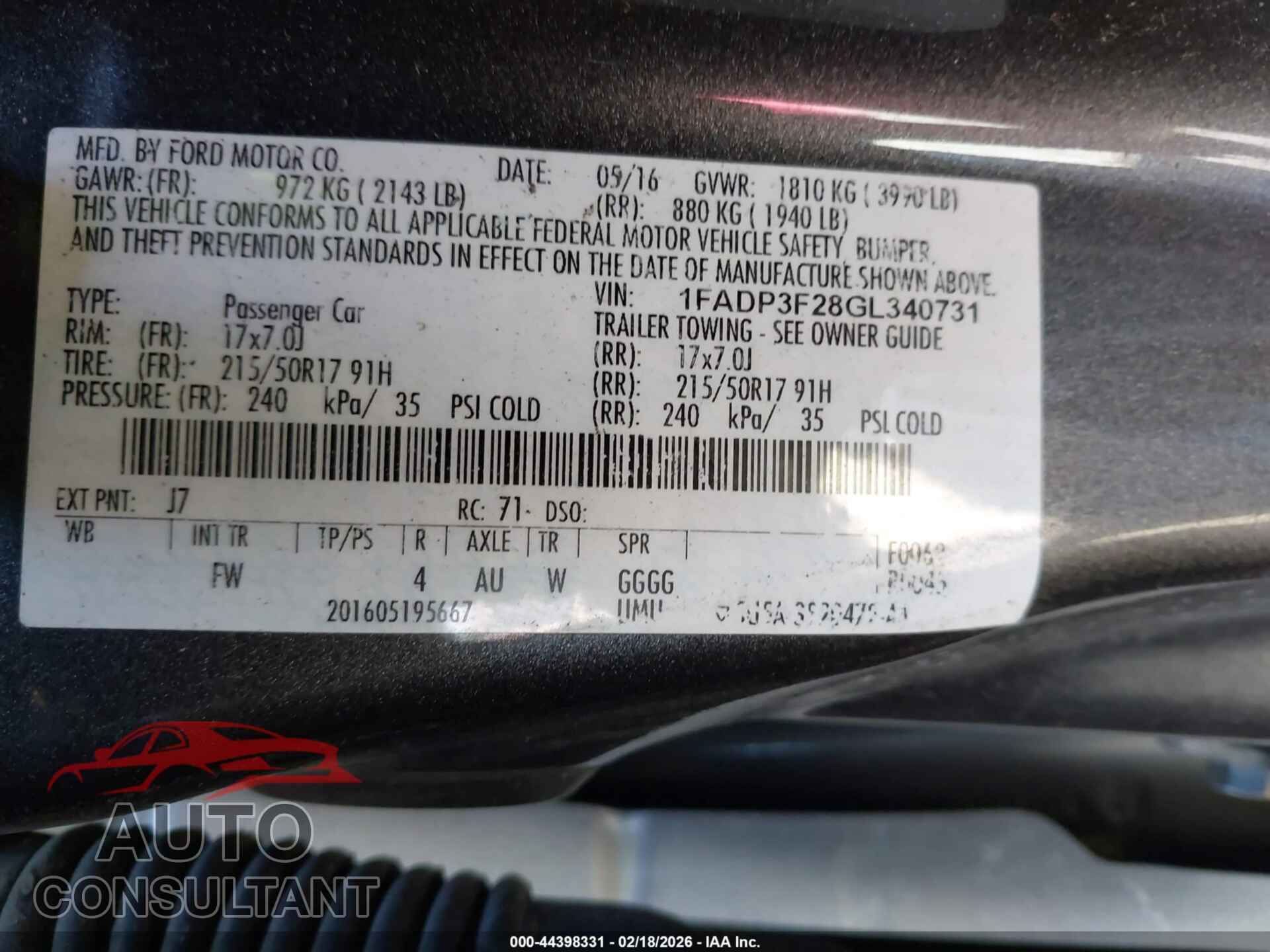 FORD FOCUS 2016 - 1FADP3F28GL340731