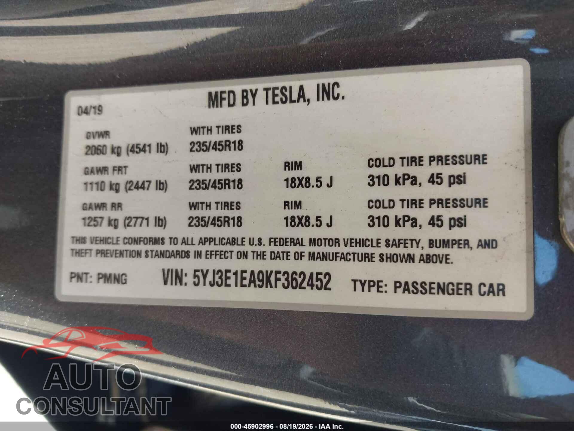 TESLA MODEL 3 2019 - 5YJ3E1EA9KF362452