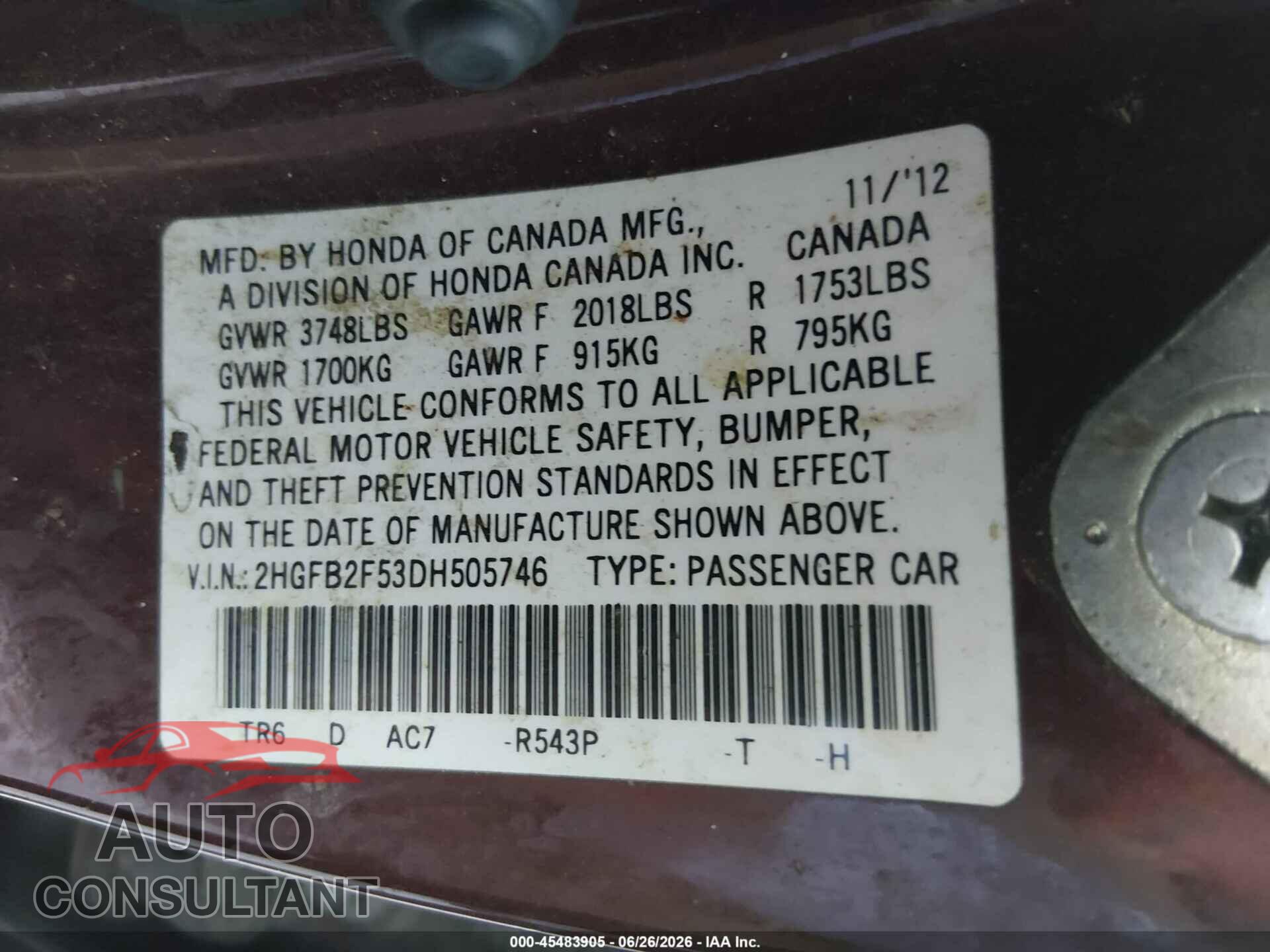 HONDA CIVIC 2013 - 2HGFB2F53DH505746
