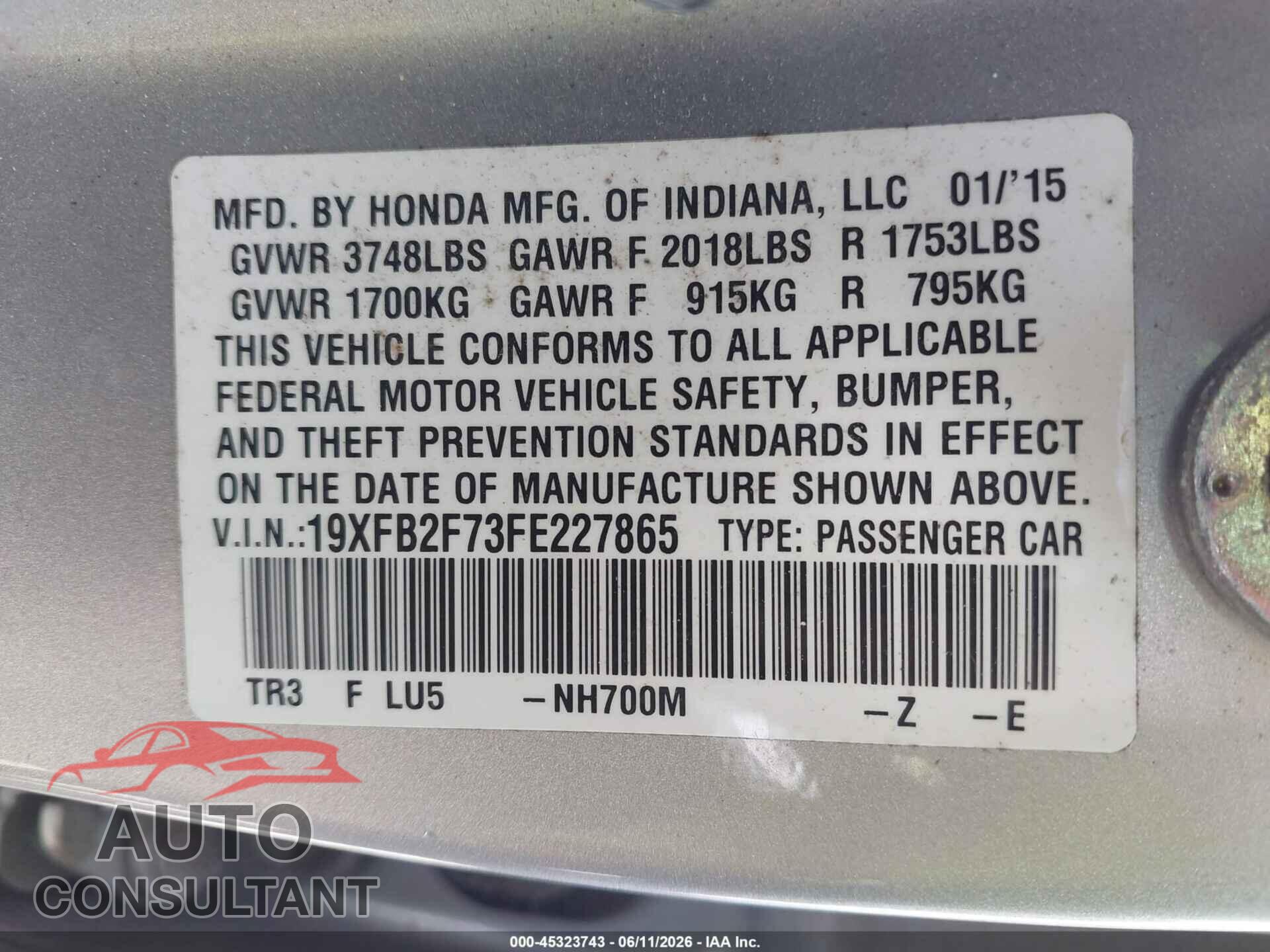 HONDA CIVIC 2015 - 19XFB2F73FE227865