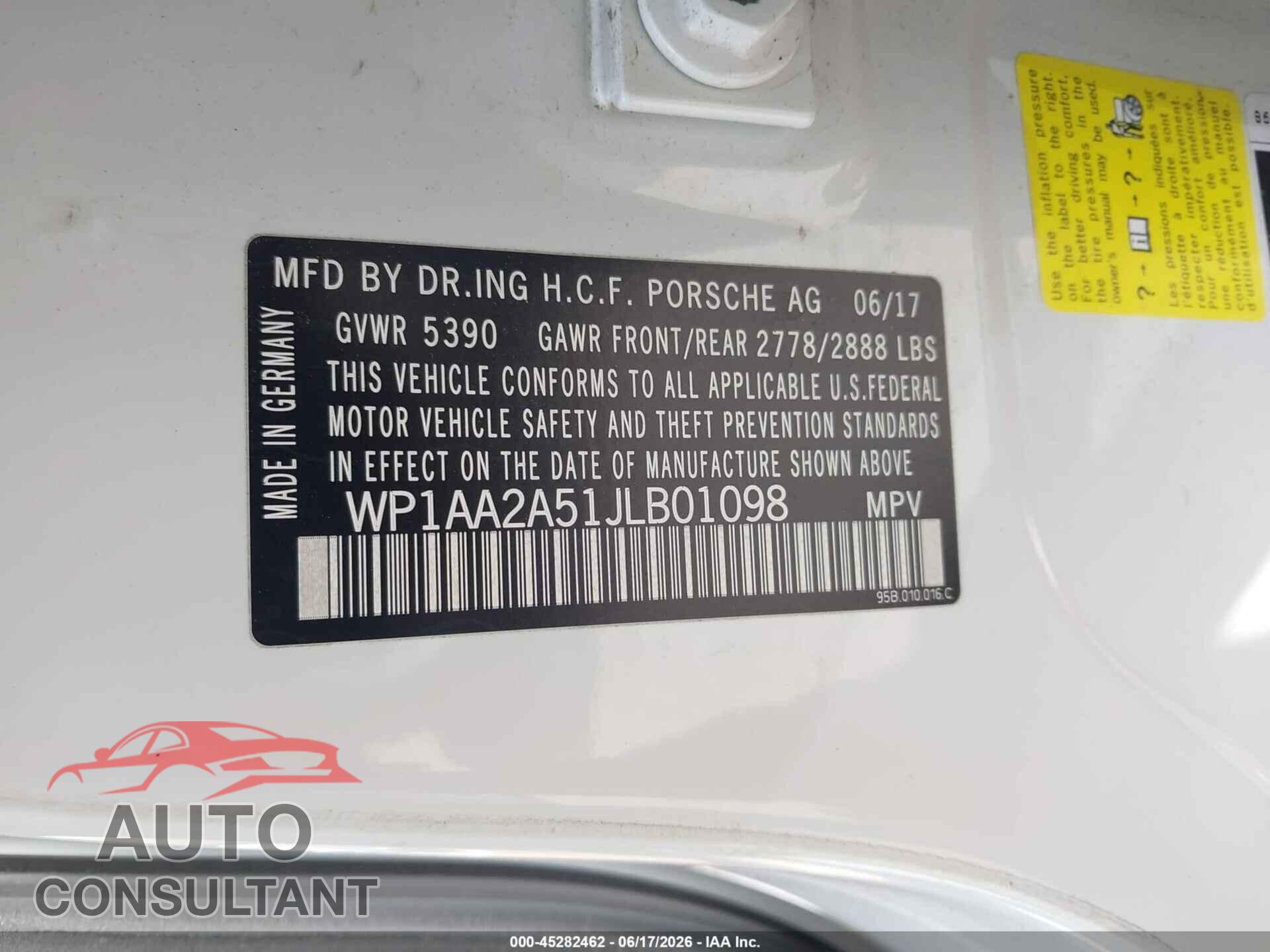 PORSCHE MACAN 2018 - WP1AA2A51JLB01098