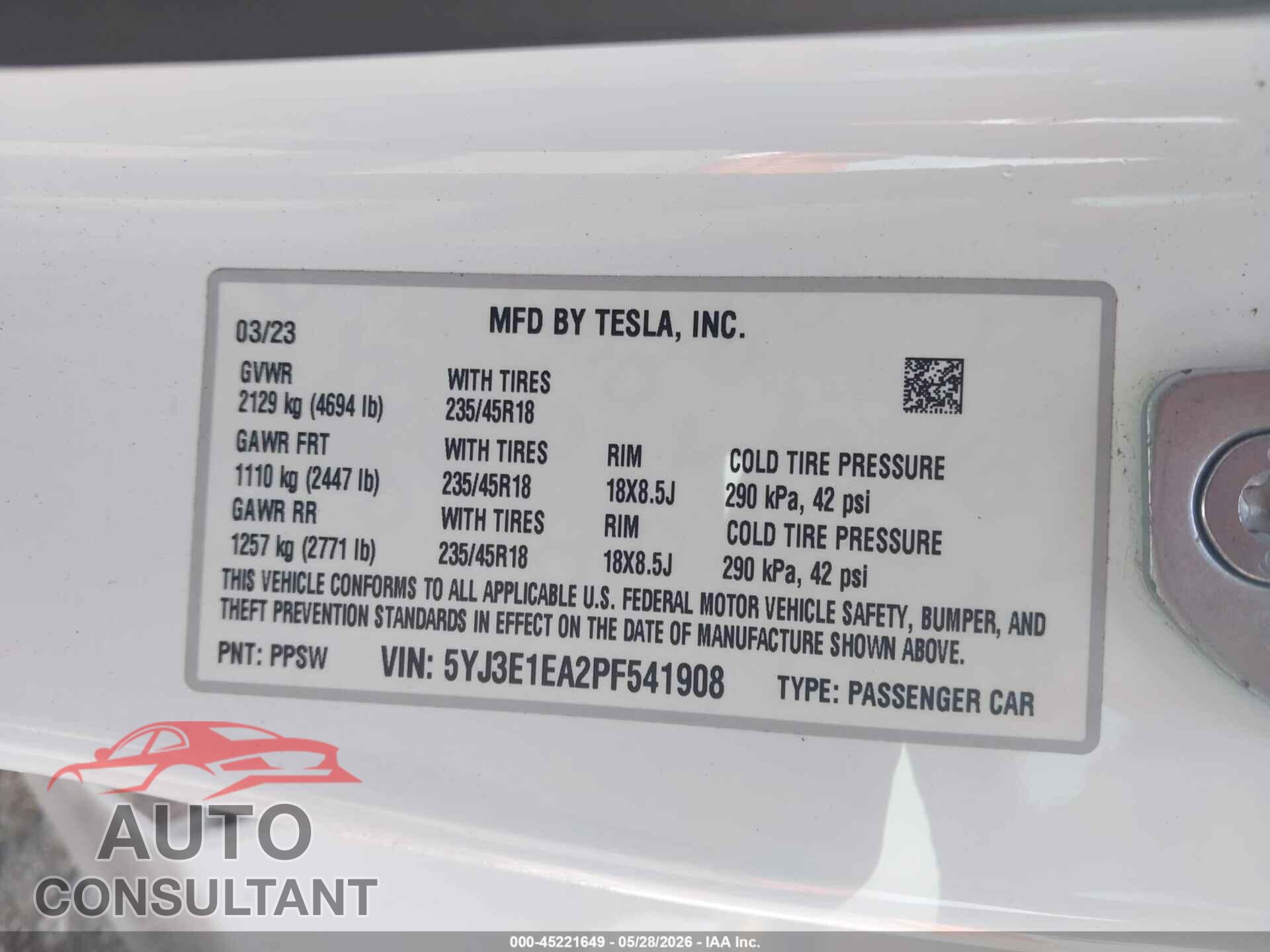 TESLA MODEL 3 2023 - 5YJ3E1EA2PF541908