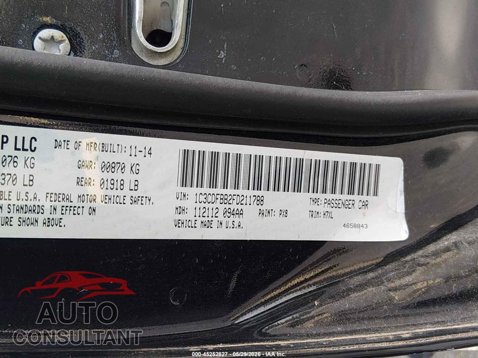 DODGE DART 2015 - 1C3CDFBB2FD211788