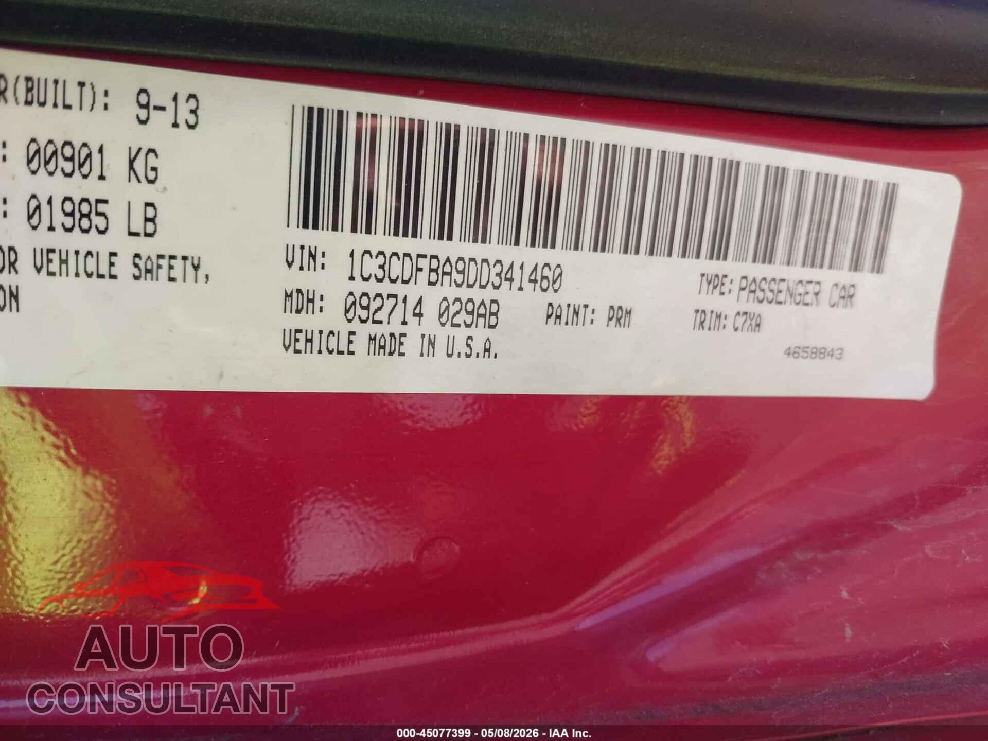 DODGE DART 2013 - 1C3CDFBA9DD341460